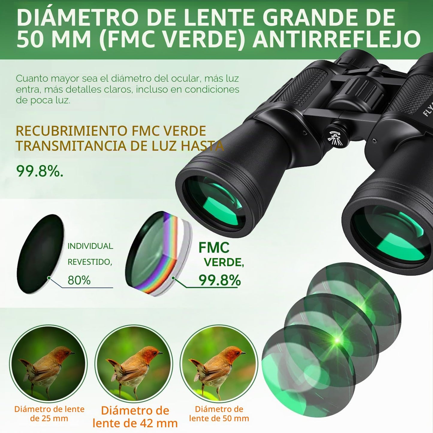 Prismáticos de alta potencia de 20 x 50 para adultos, impermeables, compactos, con visión de poca luz, para observación de aves, caza, juegos de fútbol, viajes, observación de estrellas, crucero con