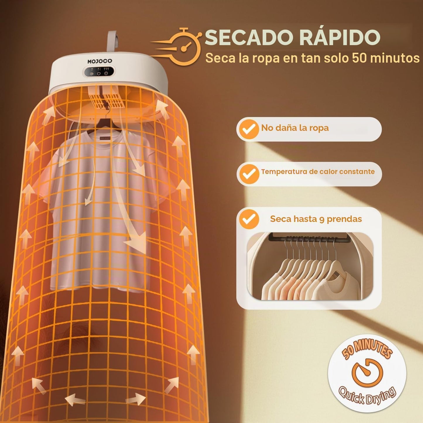 MOJOCO Secadora de ropa portátil – Secadora mini/compacta para apartamento, caravana, viajes, pequeña máquina silenciosa de secado rápido con temporizador ajustable y configuración sin complicaciones