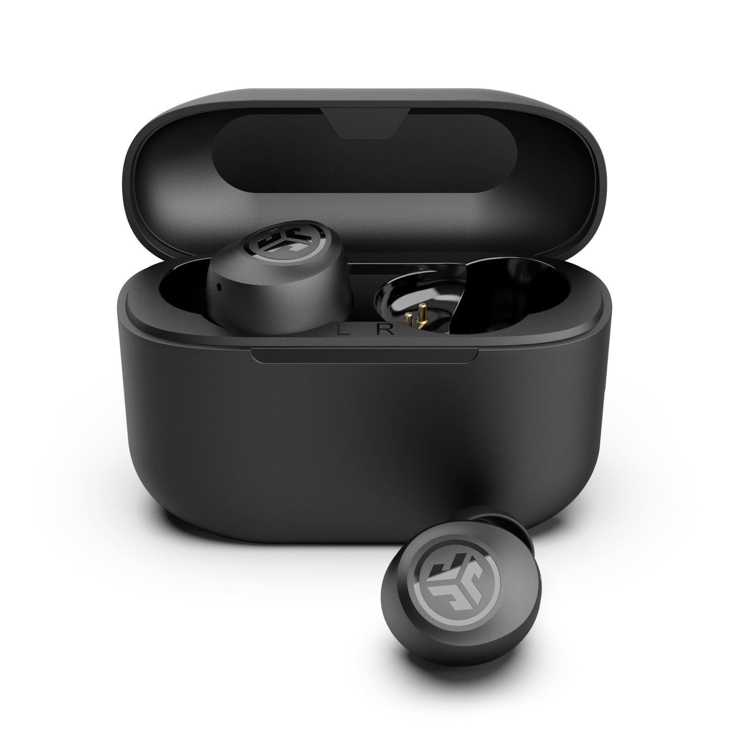 JLab Go Air Pop+ Auriculares Inalambricos Bluetooth, Wireless Earbuds 35+ Horas Rendimiento con Caja de Carga - Audifonos Bluetooth Inalambricos con Micrófono, Dual Connect, App, Negro Medianoche