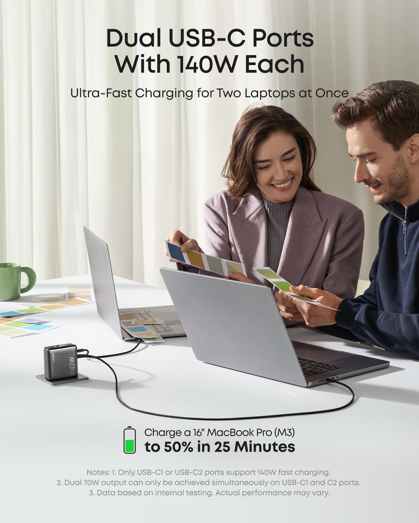 Cargador USB-C de 140 W, cargador Anker para laptop, carga rápida multidispositivo de 4 puertos, adaptador de corriente GaN avanzado, controles táctiles intuitivos, para MacBook, iPhone 16, Samsung