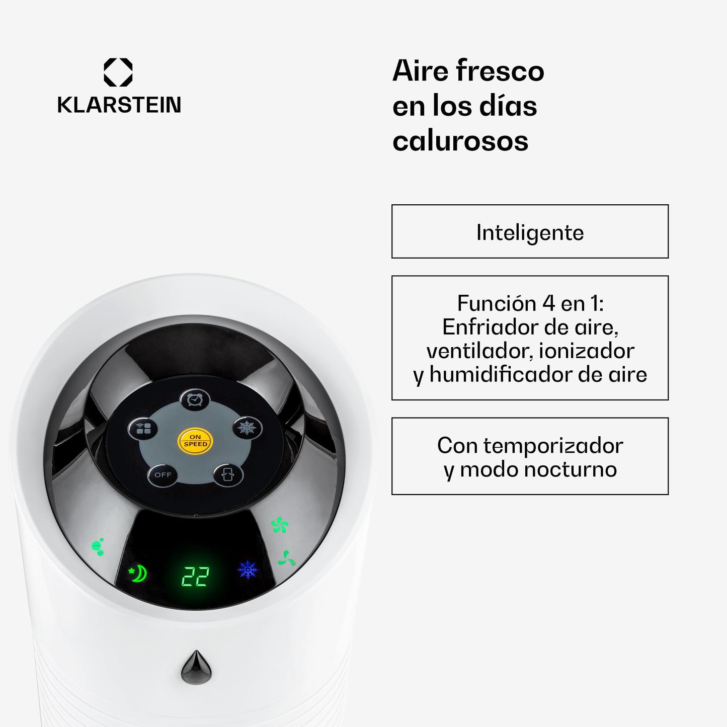 Klarstein Skyscraper Ice Smart Climatizador Evaporativo – 4 en 1: Ventilador, Enfriador, Purificador & Humidificador, 180 m³/h, Control App & Alexa, Depósito 6L, Oscilación, Ionizador, Blanco