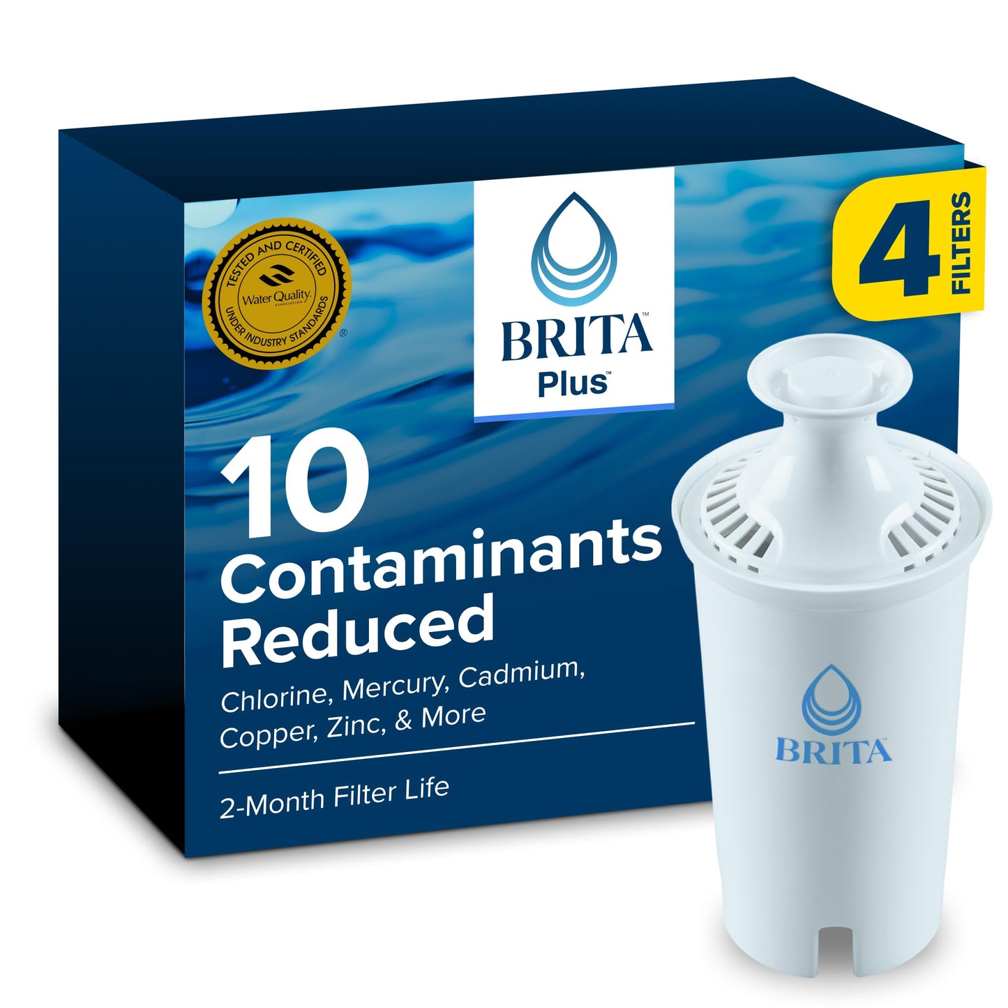 Brita Plus Filtro de agua, sin BPA, filtro de repuesto de alta densidad para jarras y dispensadores, reduce el doble de contaminantes*, dura dos meses o 40 galones, incluye 4 filtros