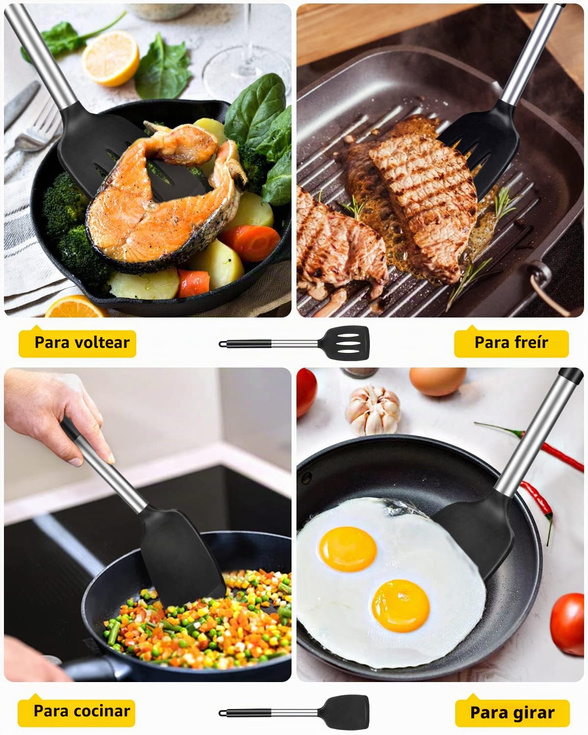 Juego de 2 Espátulas de Silicona, Espátula Antiadherentes Resistente al Calor, Utensilios de Cocina para Servir, Freir, Cocinar Huevos, Peacado, Verduras, Steak, Tortitas（Negro）