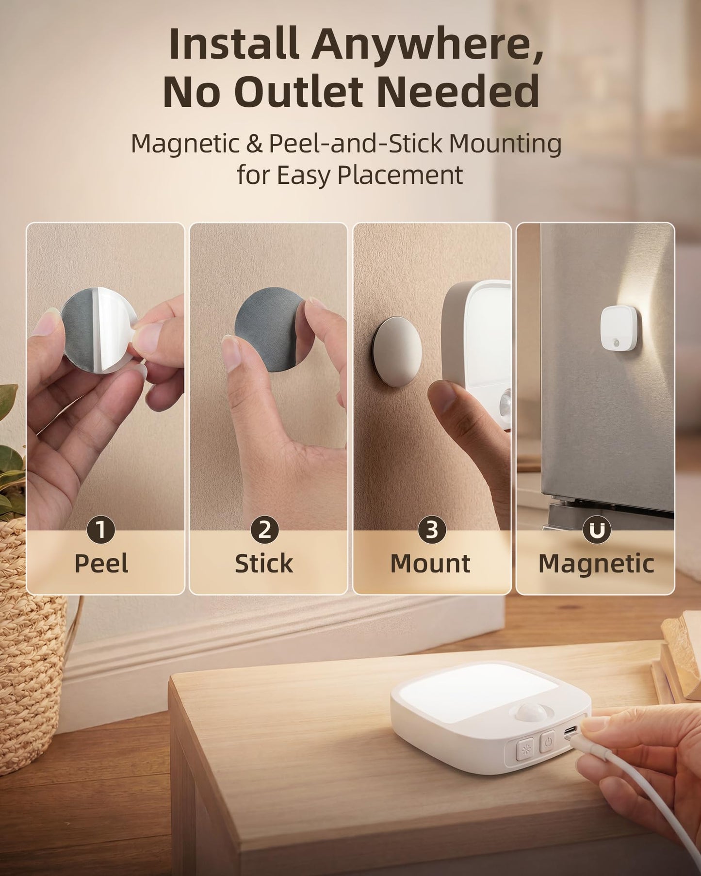 EZVALO - Paquete de 2 luces LED recargables nocturnas con sensor de movimiento, luz nocturna para bebés, luz nocturna de noche de noche de luz blanca cálida regulable para adultos, habitación de niños