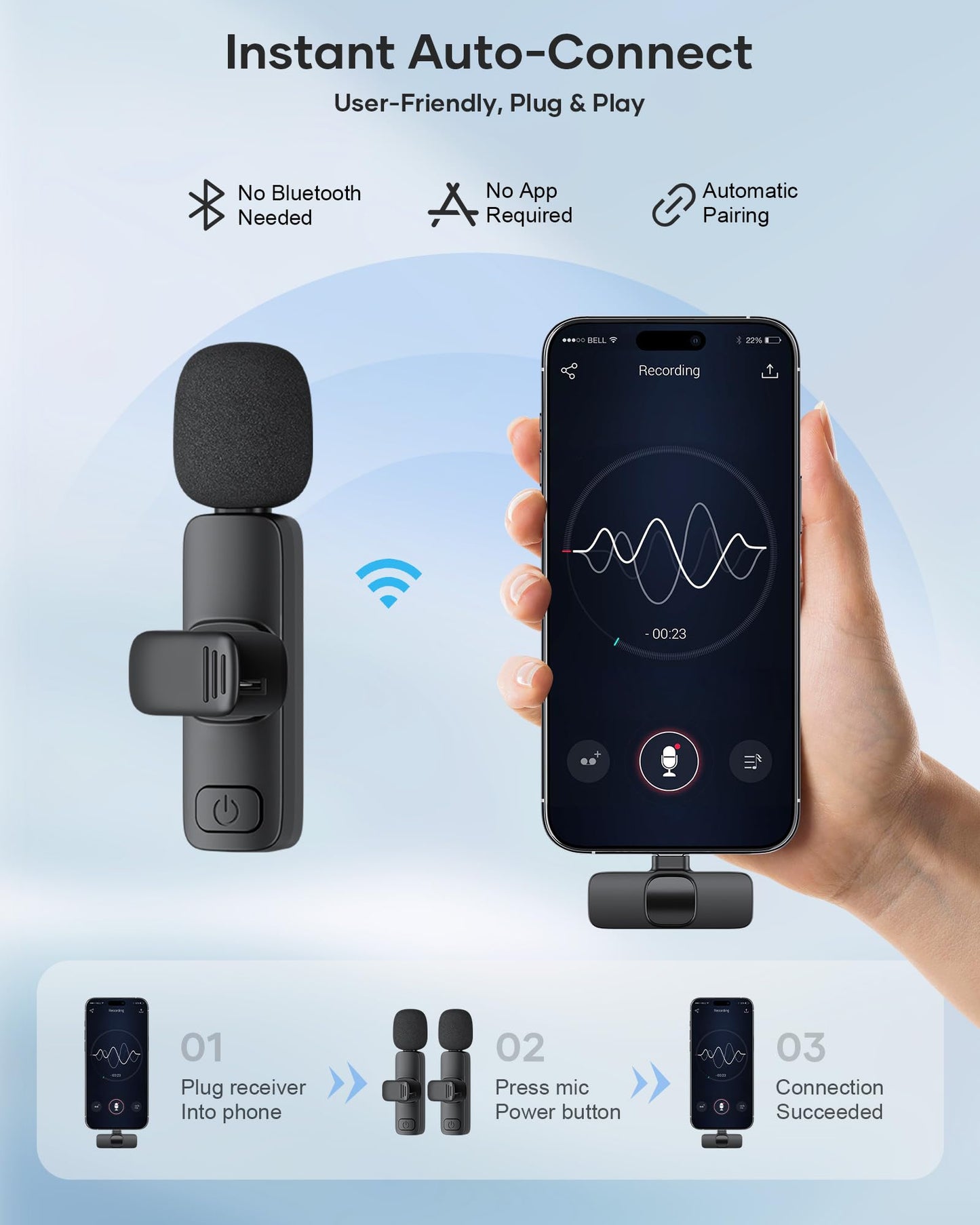 KUKIHO Paquete de 2 micrófonos Lavalier inalámbricos para iPhone, iPad y teléfono Android, micrófono de Solapa Plug and Play