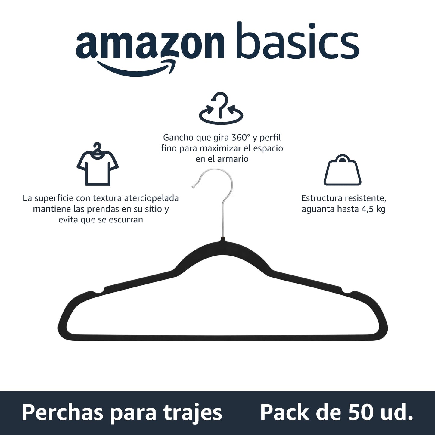 Amazon Basics - Perchas de terciopelo para trajes - Paquete de 50, Negro