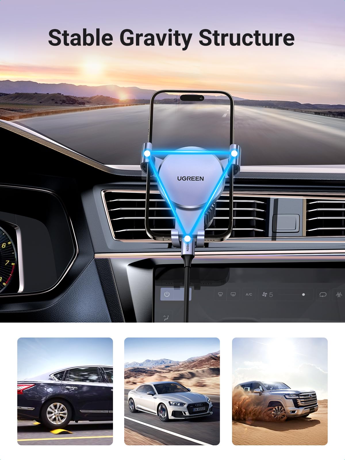 UGREEN Soporte Móvil Coche Gravedad con Gancho para Ventilación, Suporte Telemovel Carro Compatible coniphone 17 Pro MAX Air/16/15/14;Samsung Galaxy S25/S24; Google Pixel 10/9/8 Gris