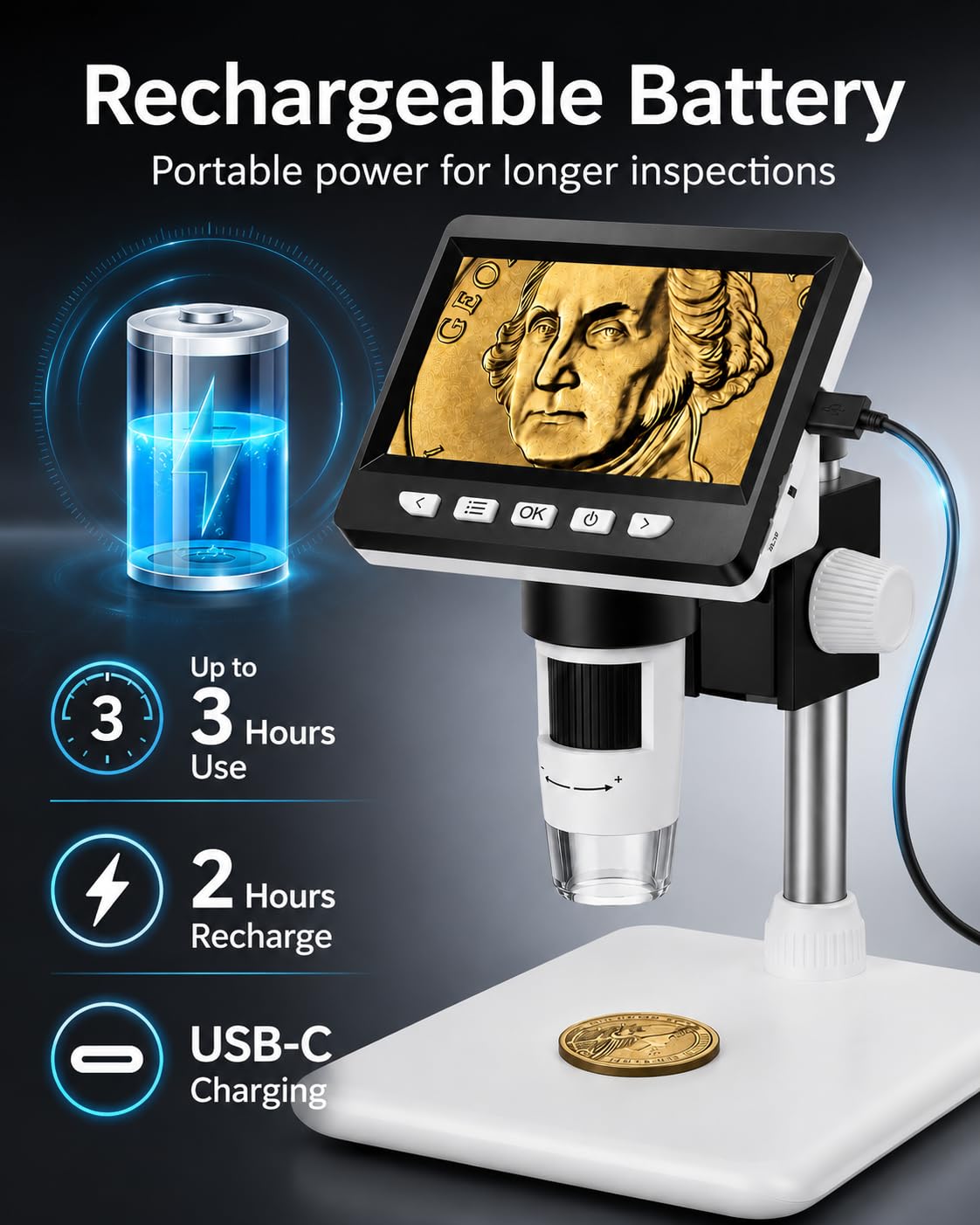 Microscopio Digital Electrónico portátil de 4.3 Pulgadas 1080P con 8 Luces LED Ajustables, Profesional para niños/Adultos 50-1000X, Vista de PC, Compatible con Windows MacOS