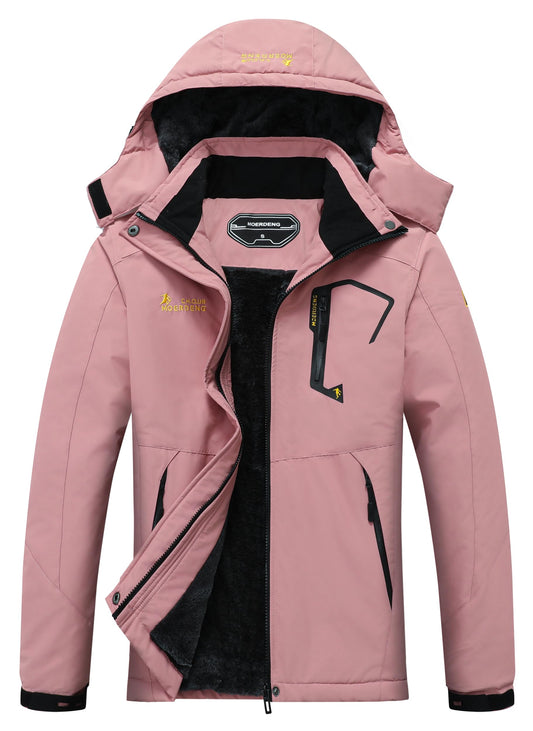 MOERDENG Chaqueta de esquí impermeable para mujer, abrigo de nieve cálido para invierno, chaqueta cortavientos con capucha, Rosado, M