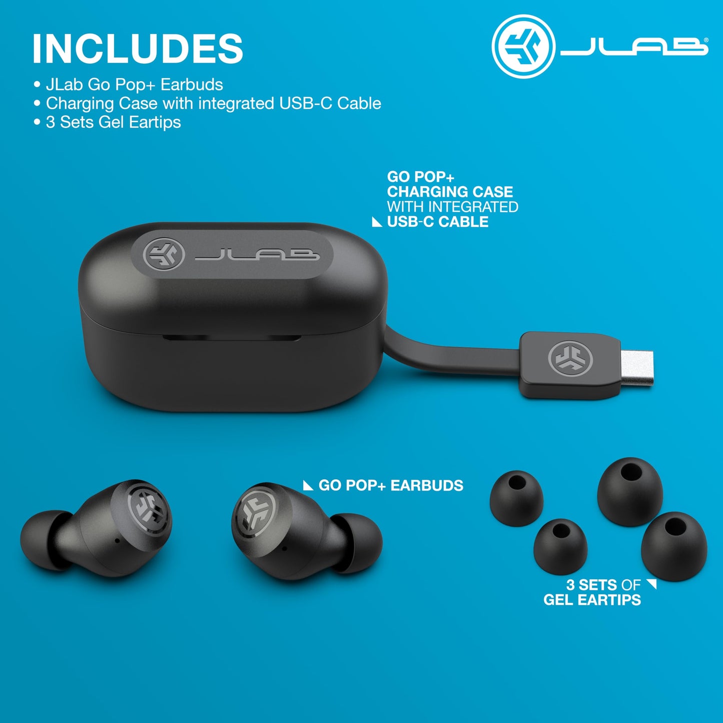JLab Go Air Pop+ Auriculares Inalambricos Bluetooth, Wireless Earbuds 35+ Horas Rendimiento con Caja de Carga - Audifonos Bluetooth Inalambricos con Micrófono, Dual Connect, App, Negro Medianoche