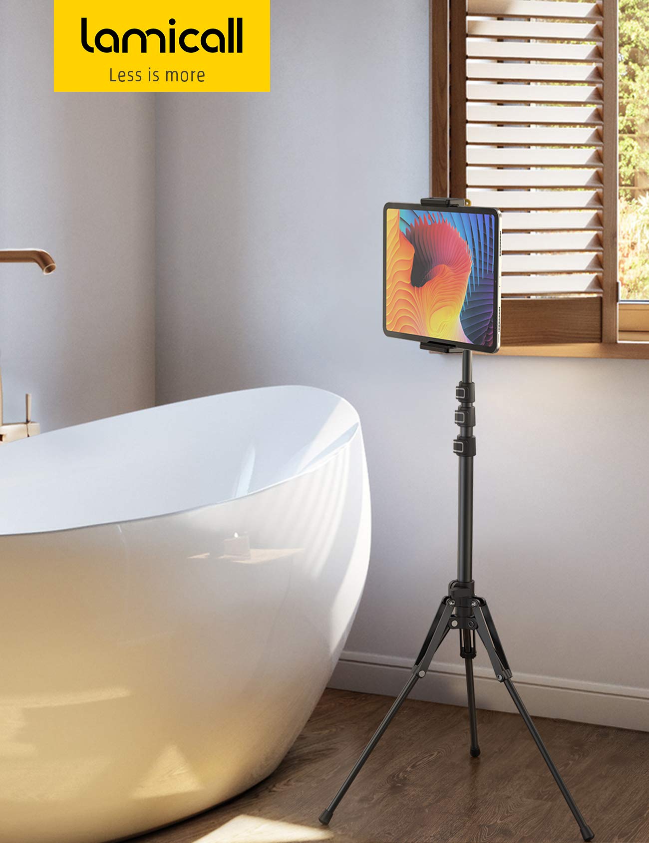 Lamicall Soporte de trípode de suelo para tableta, soporte para tablet de 65 pulgadas con altura ajustable para transmitir/ver con control remoto Bluetooth, para iPad Pro 12.9, Mini, Air, iPhone y