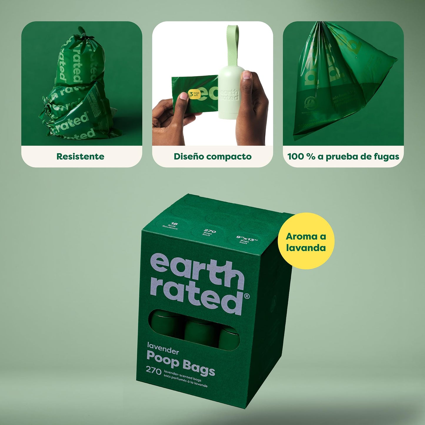 Earth Rated Bolsas para heces de perro, para mascotas a prueba de fugas y extragruesas, aptas para perros de cualquier tamaño, Rollos de recarga, aroma a lavanda, 270 unidades