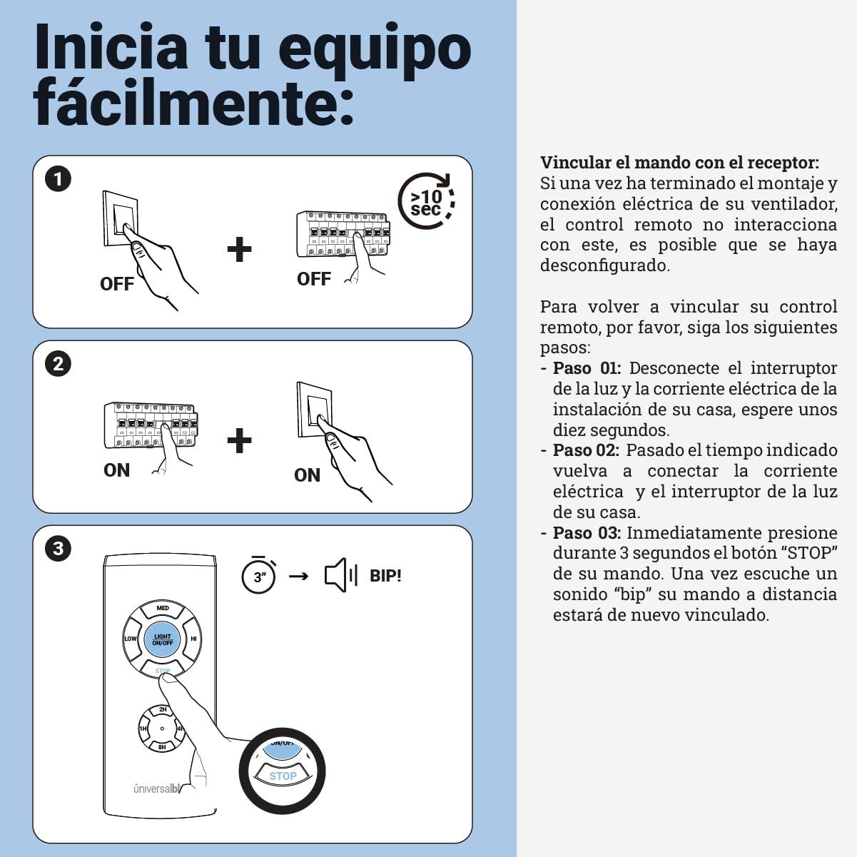 UNIVERSALBLUE Mando a Distancia Universal para Ventilador de Techo con 3 Velocidades | Control Remoto con 4 Temporizadores y Luz - Lámpara | Fácil Instalación (1 SET)