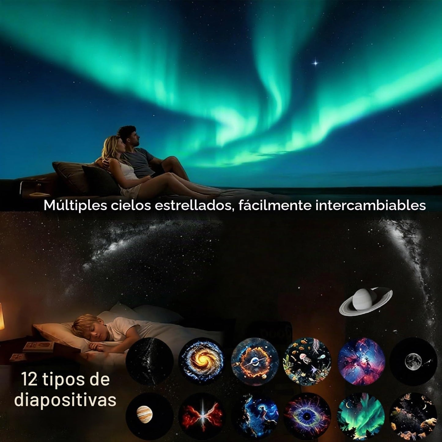 Proyector de luz nocturna de cielo estrellado, proyector portátil 2 en 1 con 12 películas de proyección, control de brillo ajustable de 360°, luz LED nocturna para niños y adultos, recámara, hogar