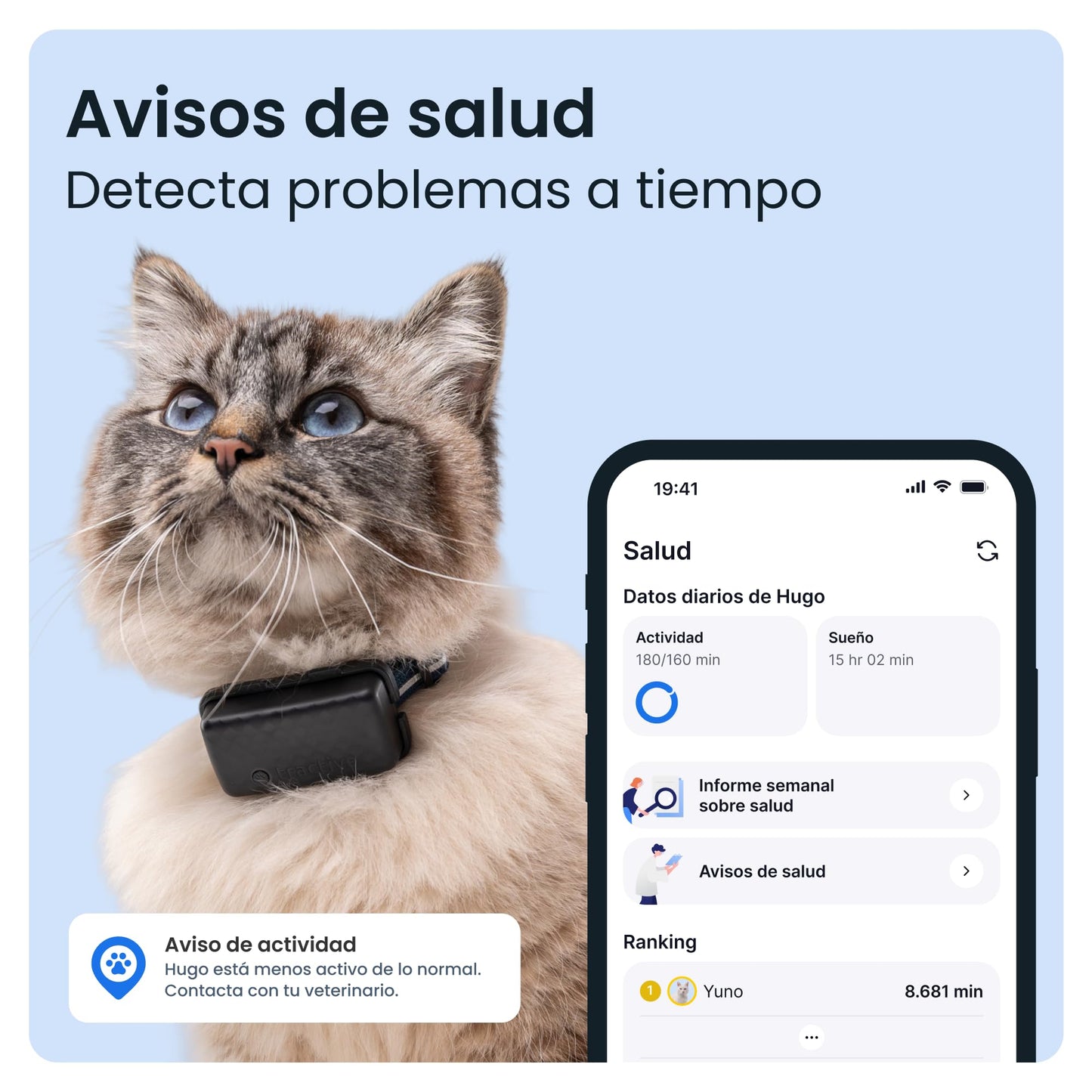 Tractive - Collar gato GPS Mini, Localización en tiempo real, Historial de ubicaciones, Avisos de salud, Monitor de actividad, Collar incluido