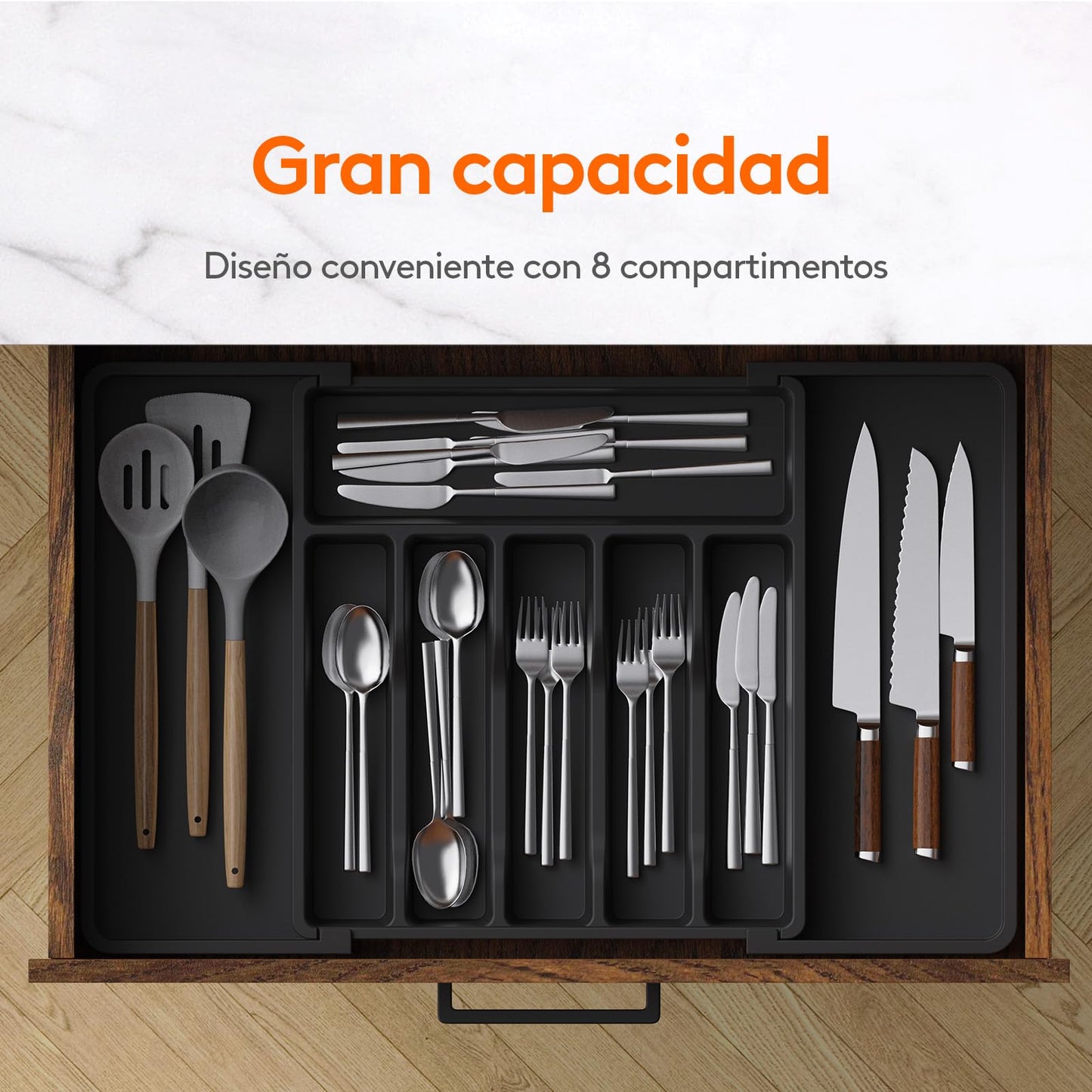 Lifewit Organizador de Cubiertos para Cajón Cocina, Bandeja para Menaje Extensible, Cubertero Compacto para Almacenar Cucharas, Tenedores y Cuchillos, Ancho 33-57 x Fondo 38 cm, Lote 1, Negro