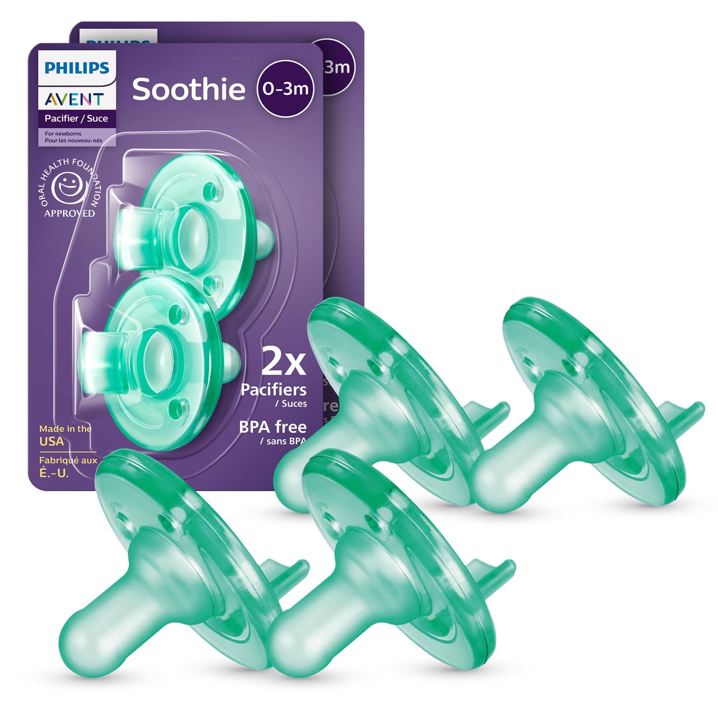 Philips Avent SCF190/41 - Chupetes Soothie para bebés de 0 a 3 meses, diseño de una sola pieza, sin BPA, extraduraderos, color verde, paquete de 4 unidades