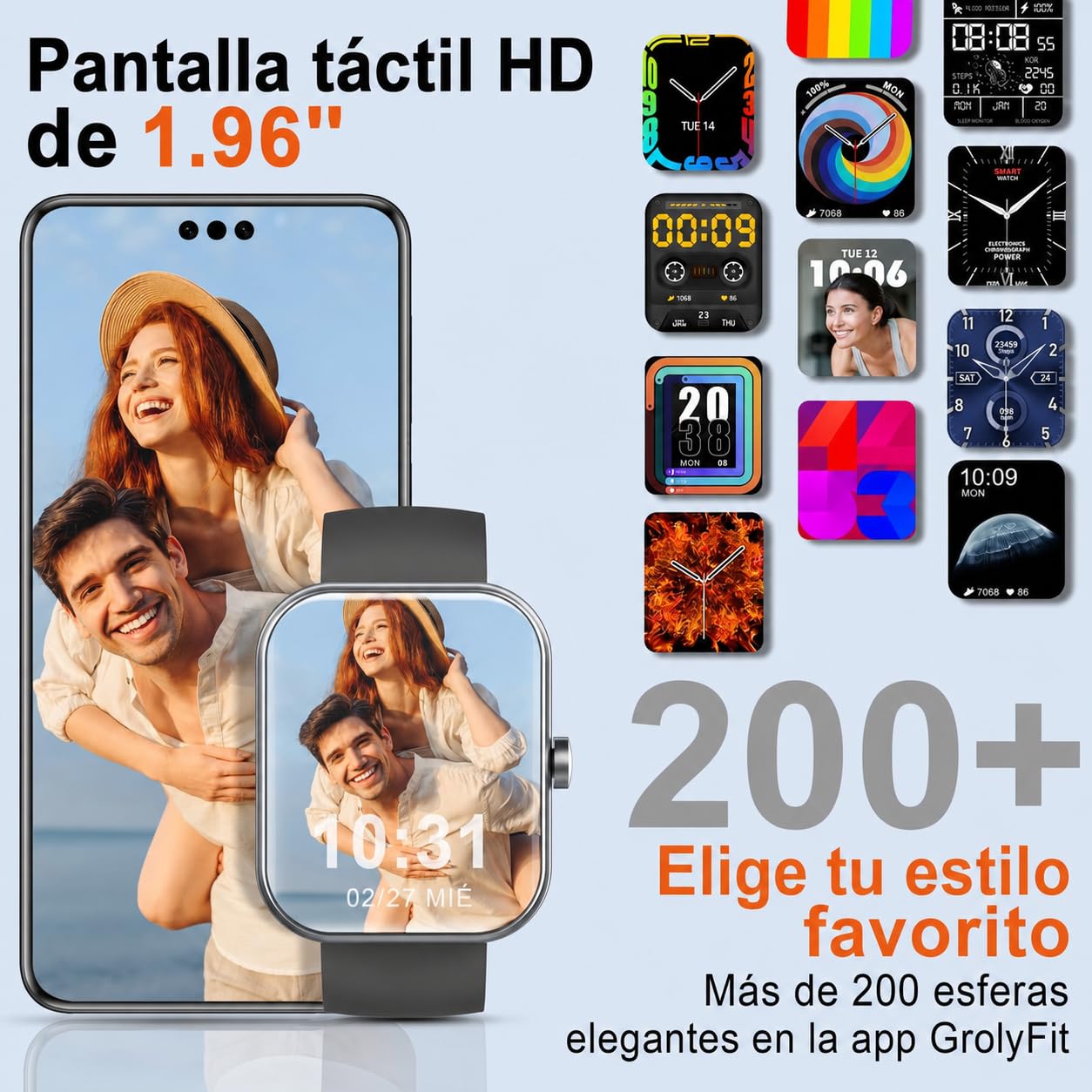 2026 Reloj Inteligente Hombre Mujer, 1.96" Smartwatch con Llamadas Bluetooth y Whatsapp Notificación, IP68 Pulsera Actividad con 100+ Modos Deportivos, Pulsómetro, Monitor de Sueño para Android iOS