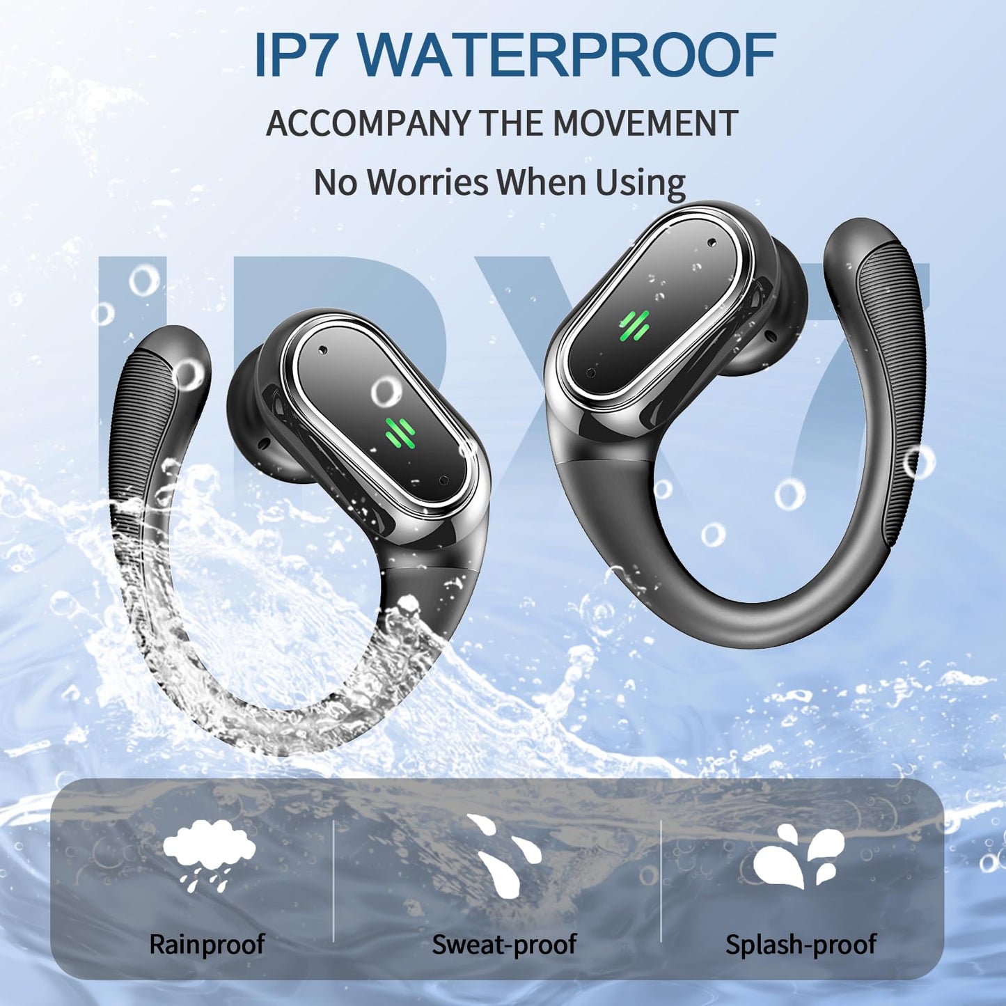 Auriculares inalámbricos Bluetooth Deportivos, Auriculares Bluetooth 5.4 HiFi Estéreo con 4 HD Mic, 50H Cascos Inalambricos con Cancelacion Ruido ENC, IP7 Impermeable Cascos para Running/Pantalla LED