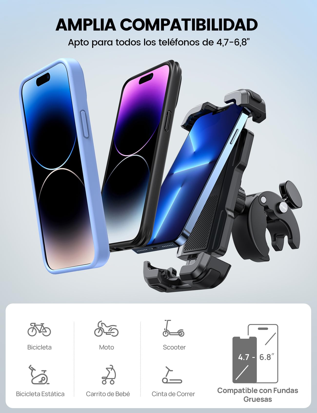 Lamicall Soporte Móvil Bicicleta, Soporte Móvil Moto - 360°Rotación, Liberación con un Botón, Soporte Teléfono Bici para iPhone 17 16 15 14 13 Pro MAX/Plus/Mini, Samsung, Huawei, 4.7-6.8” Smartphone