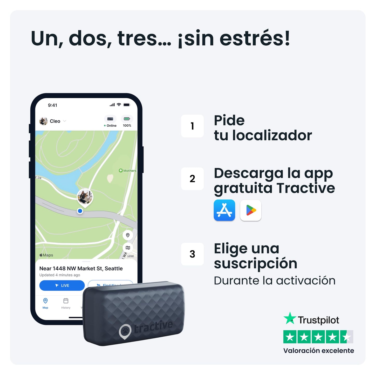Tractive - Collar gato GPS Mini, Localización en tiempo real, Historial de ubicaciones, Avisos de salud, Monitor de actividad, Collar incluido