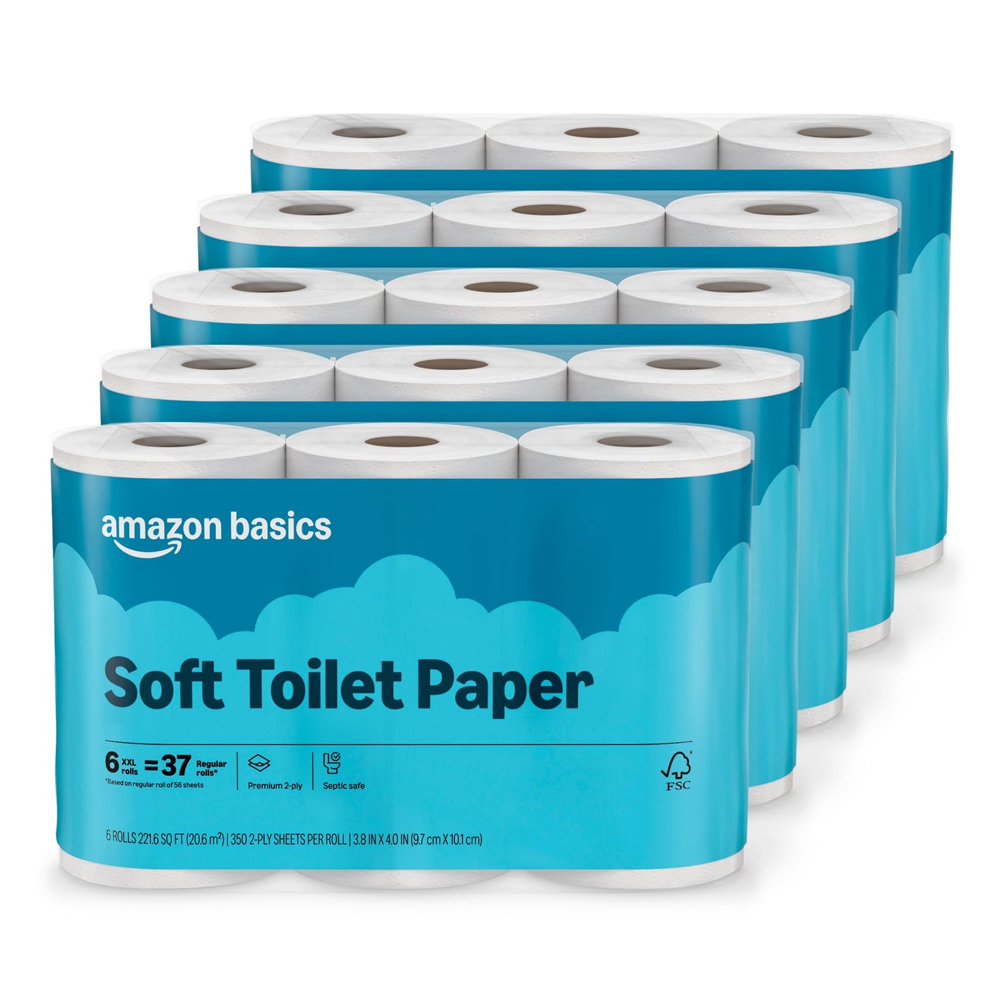 Amazon Basics Papel higiénico de 2 capas, 5 paquetes, 6 rollos por paquete (30 rollos en total) (anteriormente Solimo)
