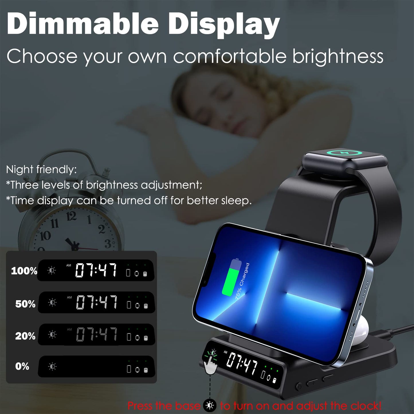Cargador inalámbrico con Reloj Digital para Apple Estación de Carga para i Phone 15 16 14 13 Pro MAX, estación de Carga i Watch y iPhone, estación de Carga inductiva para iWatch 8 7 SE 6 Airp ods Pro
