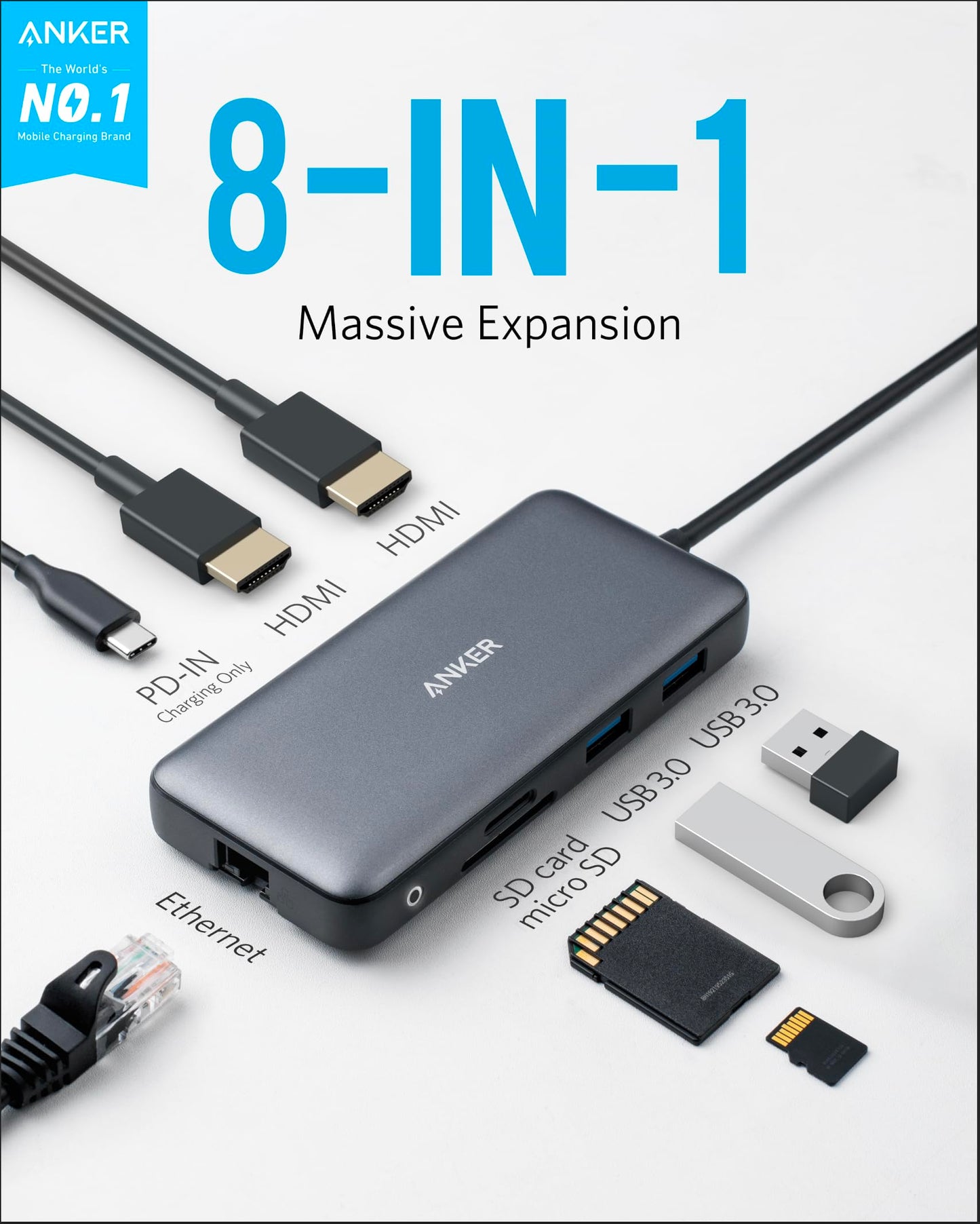 Anker PowerExpand 8-in-1 USB C Adaptador, USB C Media Hub, Dual 4K HDMI, 100W Power Delivery 1 Gbps Ethernet 2 Puertos de Datos USB 3.0, Lector de Tarjetas de Memoria SD&microSD para MacBook Pro