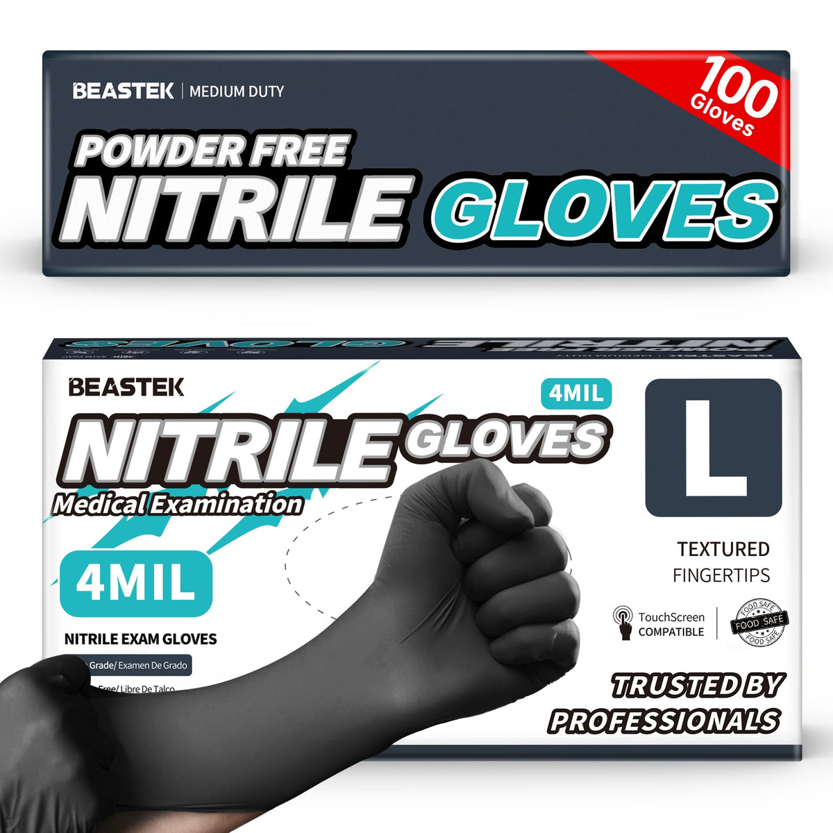 Beastek Guantes médicos desechables de nitrilo de 4 mil, sin polvo, para limpieza de la casa, aptos para alimentos, 100 unidades (grande)