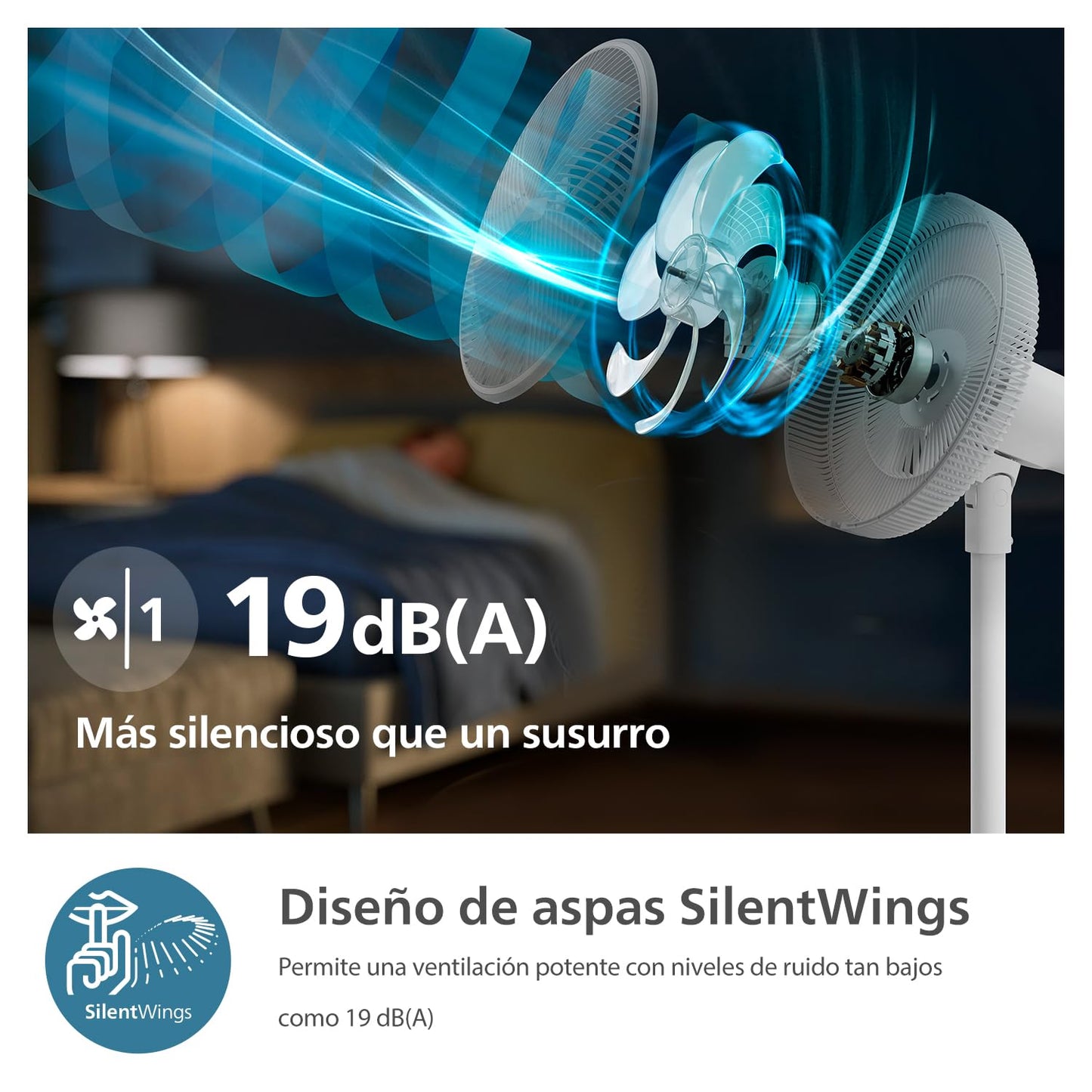 PHILIPS Serie 2000 Ventilador de pedestal. Ultrasilencioso con tecnología SilentWings. 19 dB. Ventilador de pie y de sobremesa 2 en 1. Inclina y oscila. Temporizador de 12h. Blanco. (CX2550/00)