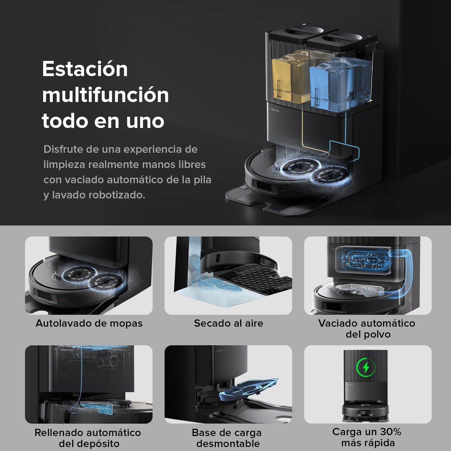 roborock Robot Aspirador QV 35A, 8000Pa de succión, Dos mopas giratorias elevables, cepillos antienredos, tecnología reactiva para Evitar obstáculos, navegación y mapeo,Negro