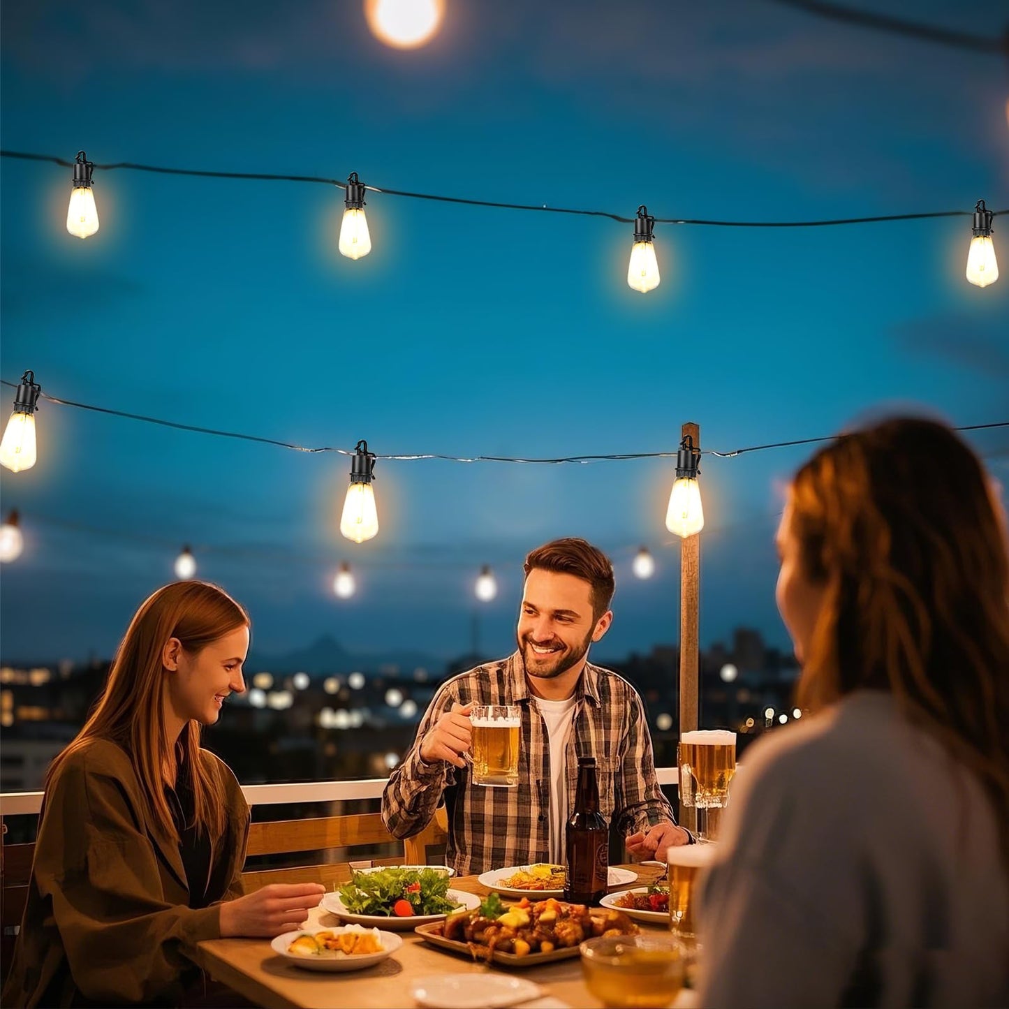 OOOLED Guirnalda de luces solares de 60 pies para exteriores con control remoto, IP65 impermeable, inastillable, ST38, 20 bombillas LED, luces colgantes exteriores regulables de 2700 K para patio