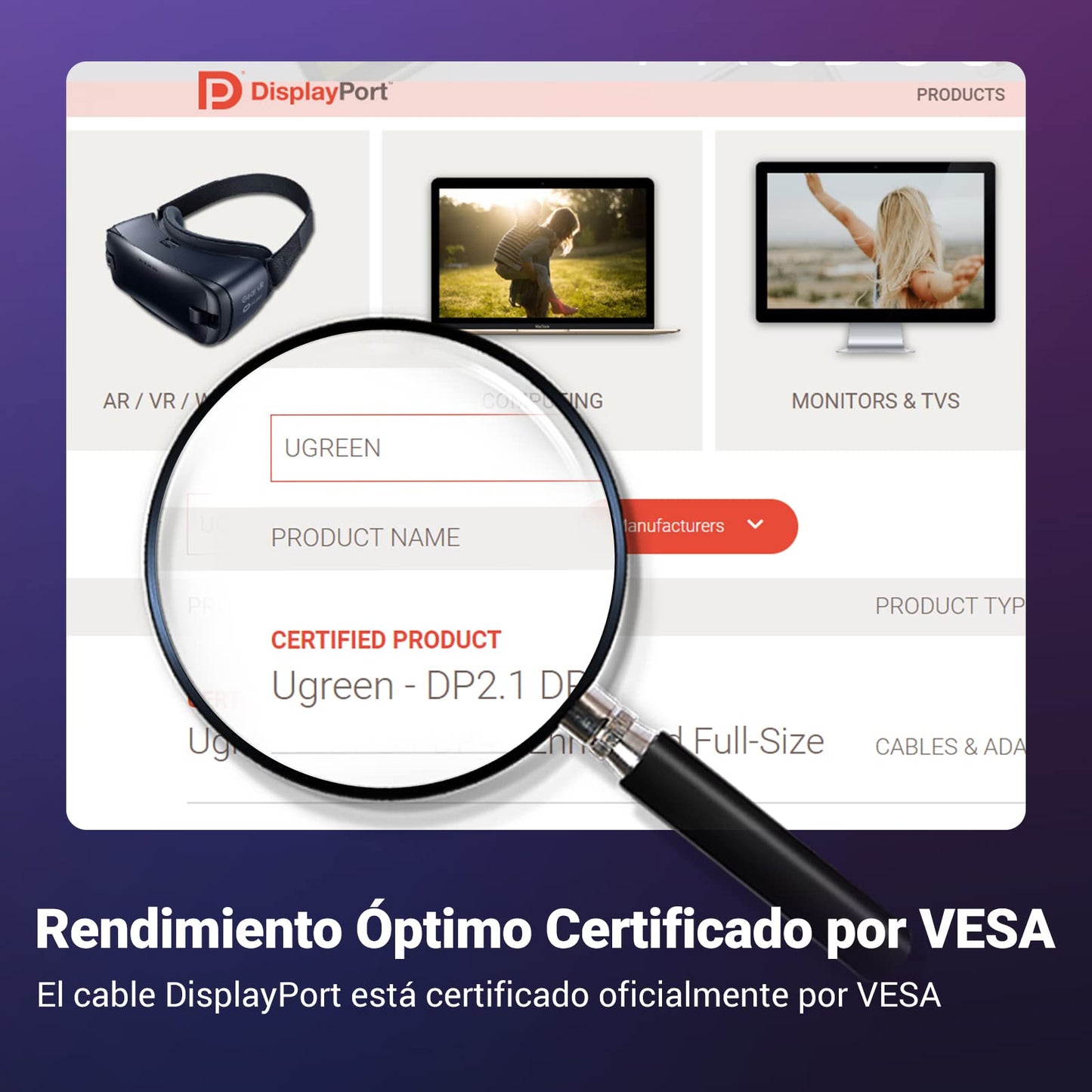 UGREEN Cable DisplayPort 2.1 Certificado VESA, Cable Displayport 16K 30Hz, 8K 60Hz, 4K 240Hz, 40Gbps, HDR, HDCP, 3D, Nylon Trenzado, Compatible con Portátiles, Juegos, Monitores, HDTV y Proyectores