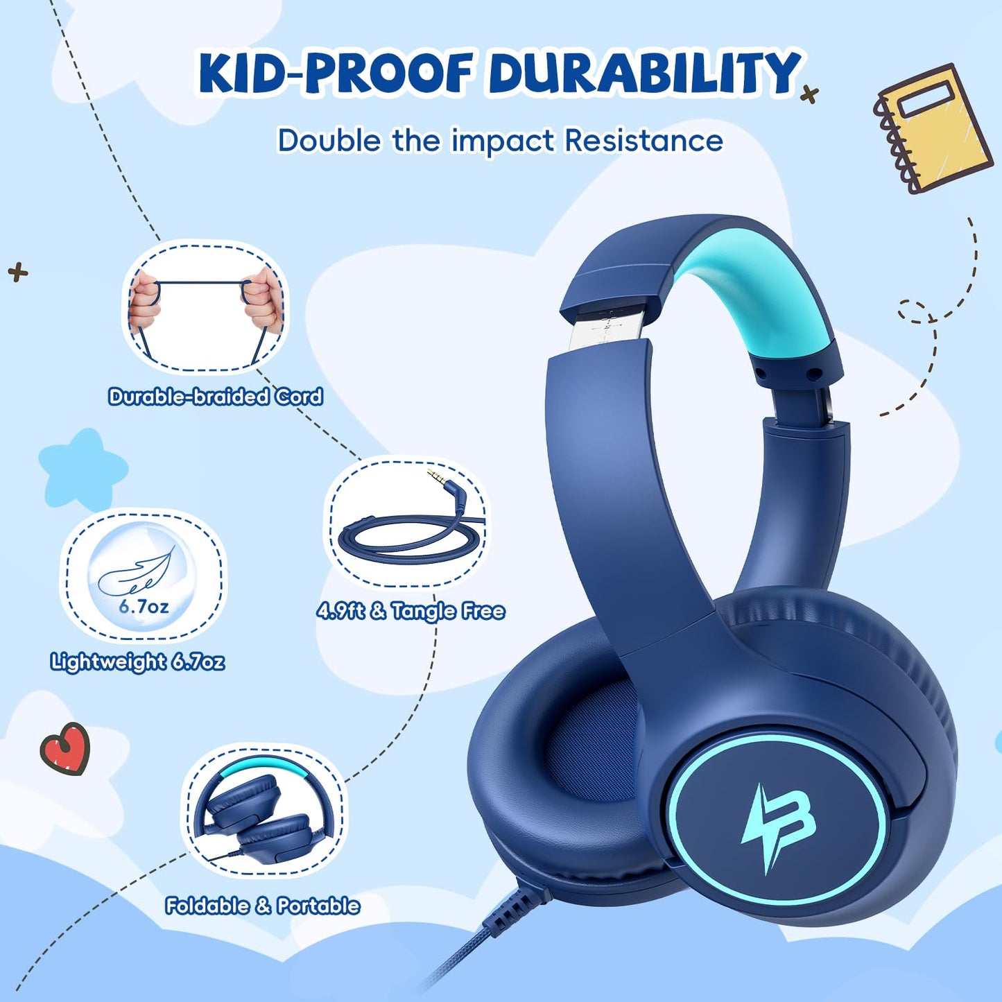Auriculares para niños con cable para la escuela, límite de volumen de 85/94 dB, auriculares con cable para niños y niñas con micrófono, sonido estéreo, conector de 3,5 mm para Kindle, tablet, viajes