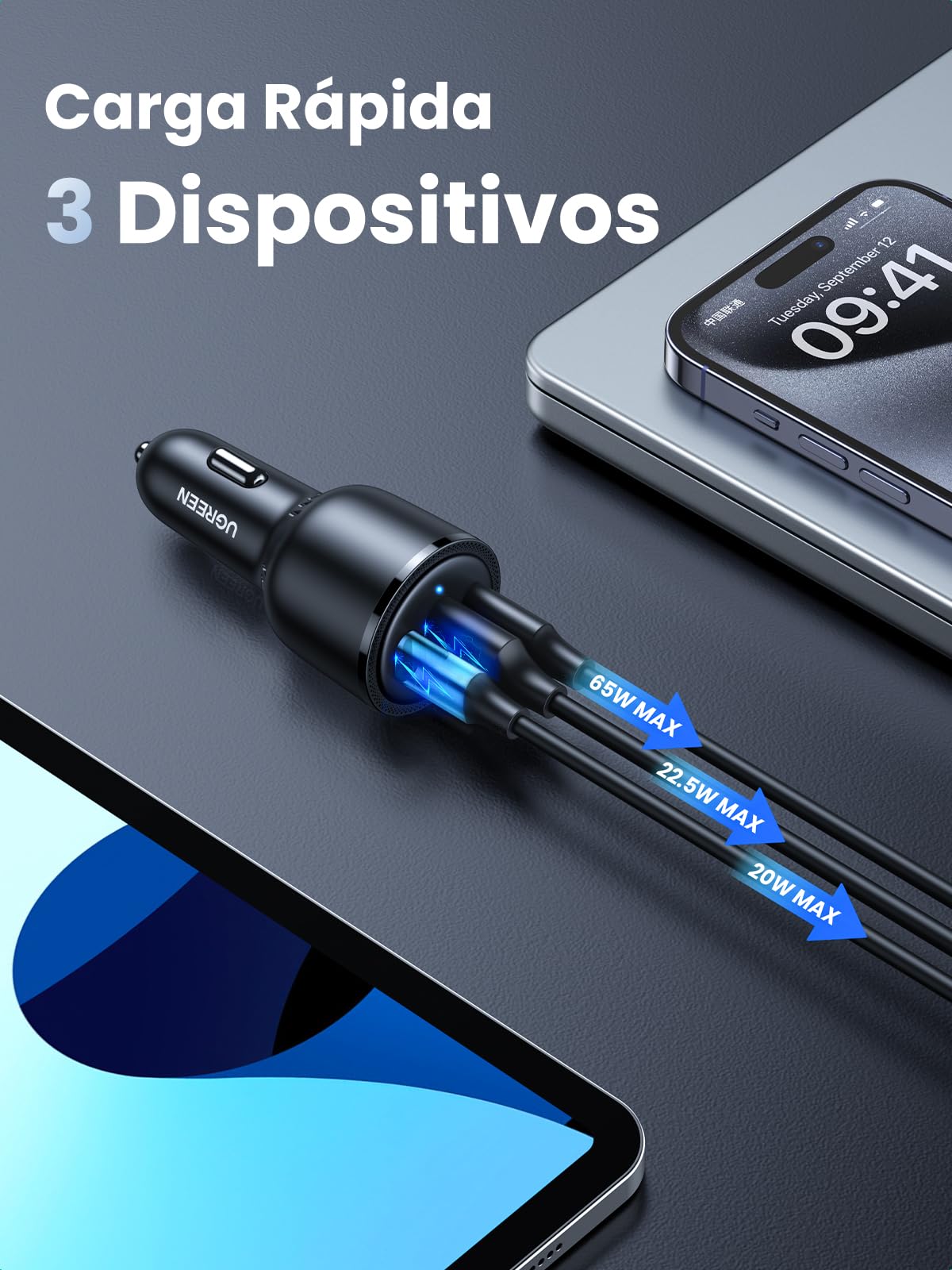 UGREEN - Cargador de Coche USB C rápido PD QC 3.0, 69 W, Cargador para Encendedor de Cigarrillos, USB C, 65 W, 45 W, 30 W, Compatible con MacBook Pro Air iPad Pro Steam Deck iPhone 15 Pro MAX 14 13