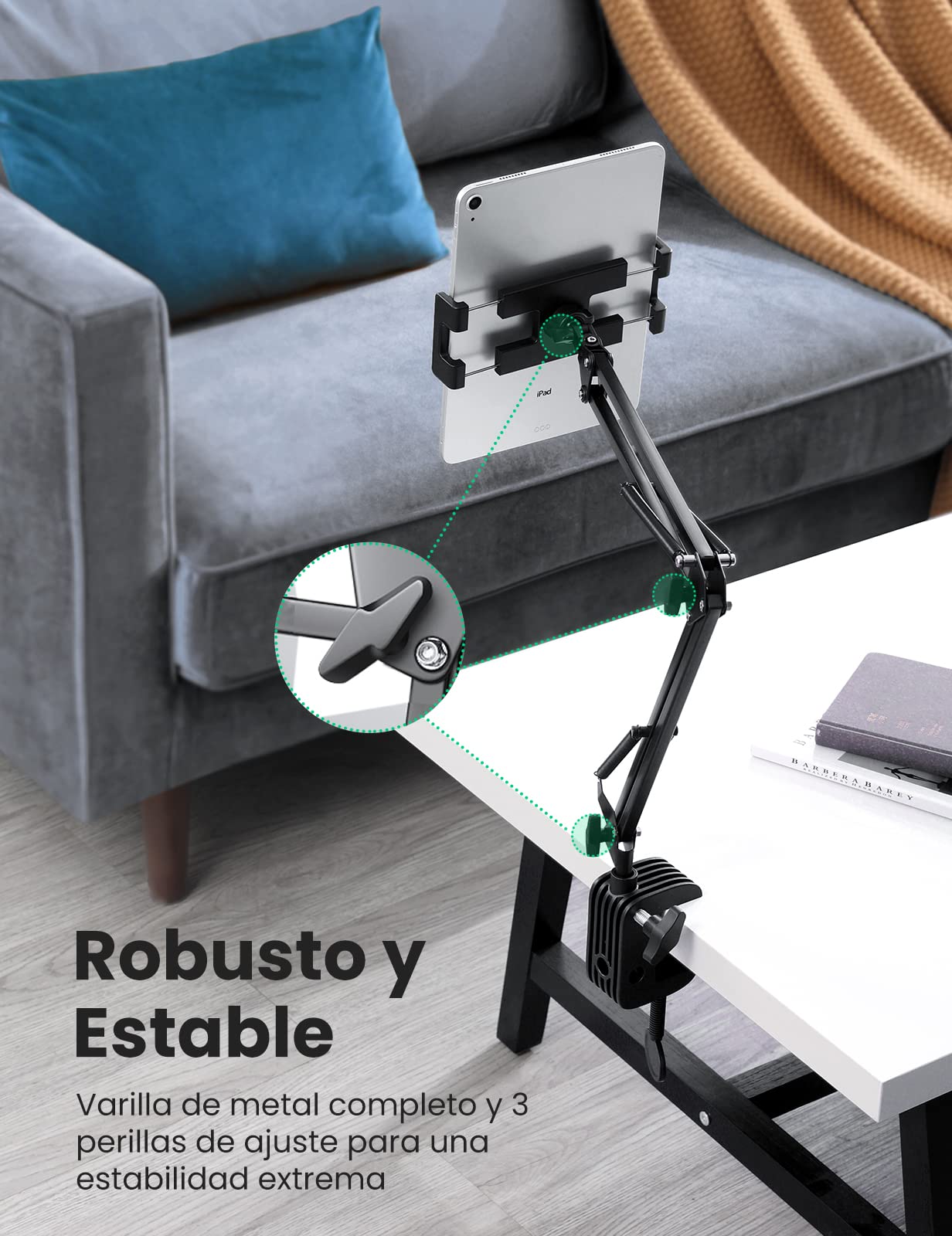 UGREEN Soporte Tablet Cama, Soporte Metálico para Movil de Mesa Brazo Articulado Multiángulo Ajustable Compatible con Tabletas de 4"-12,9" como Redmi Pad iPad iPhone 16 Galaxy Tab