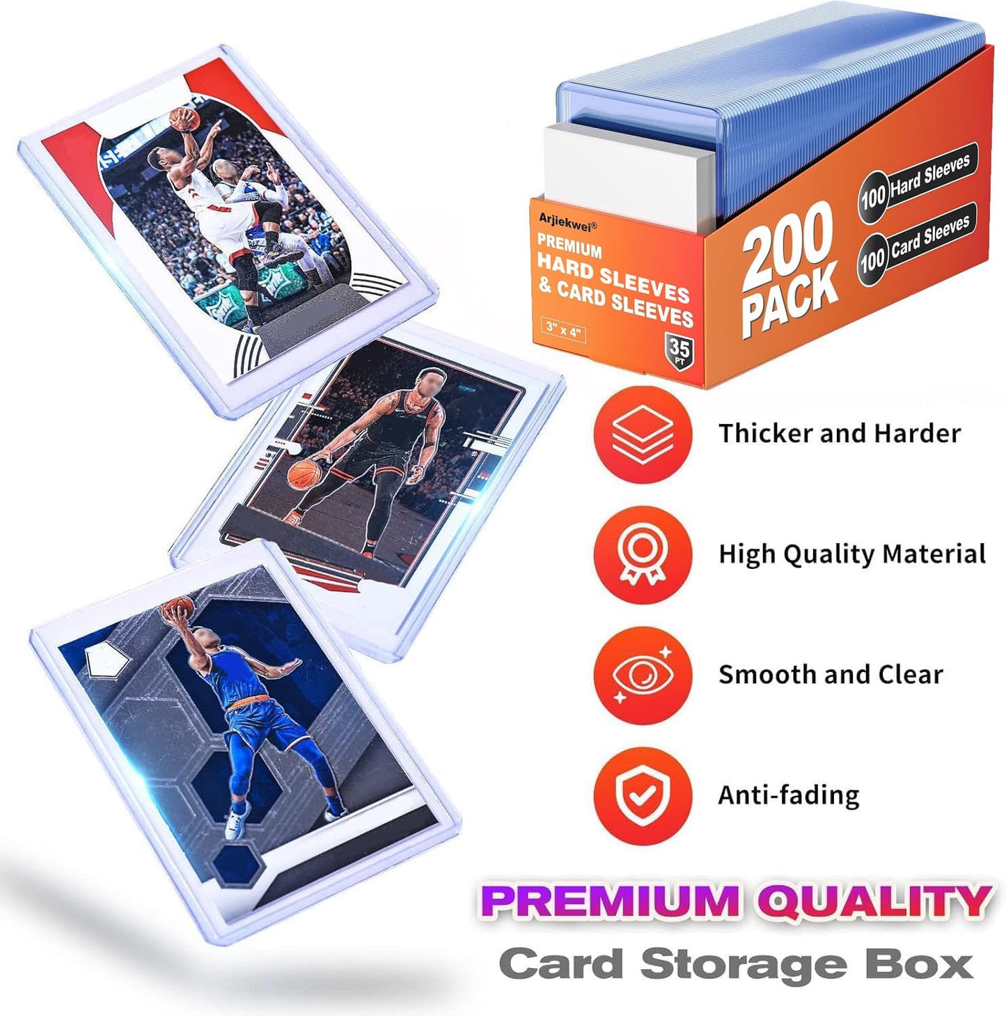 Arjiekwei - 400 fundas para tarjetas, protectores de tarjetas de béisbol de 3 x 4 pulgadas, plástico duro, soporte superior de alta calidad para intercambiar tarjetas de juego de fútbol (200