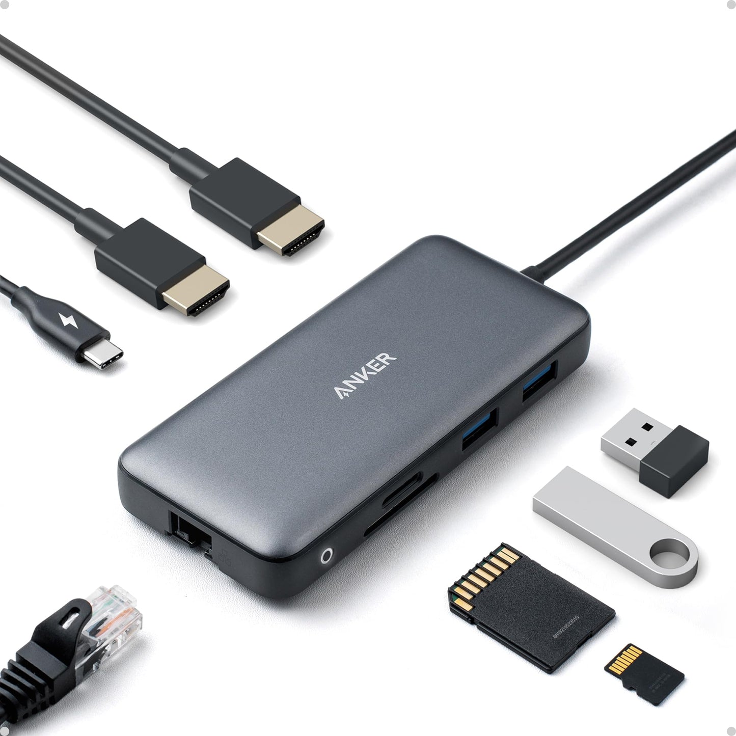 Anker PowerExpand 8-in-1 USB C Adaptador, USB C Media Hub, Dual 4K HDMI, 100W Power Delivery 1 Gbps Ethernet 2 Puertos de Datos USB 3.0, Lector de Tarjetas de Memoria SD&microSD para MacBook Pro