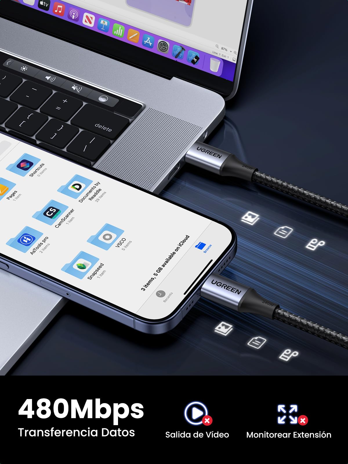 UGREEN Zapix Cable USB C 240W PD 3.1 Carga Rápida Trenzado Nylon (1M)