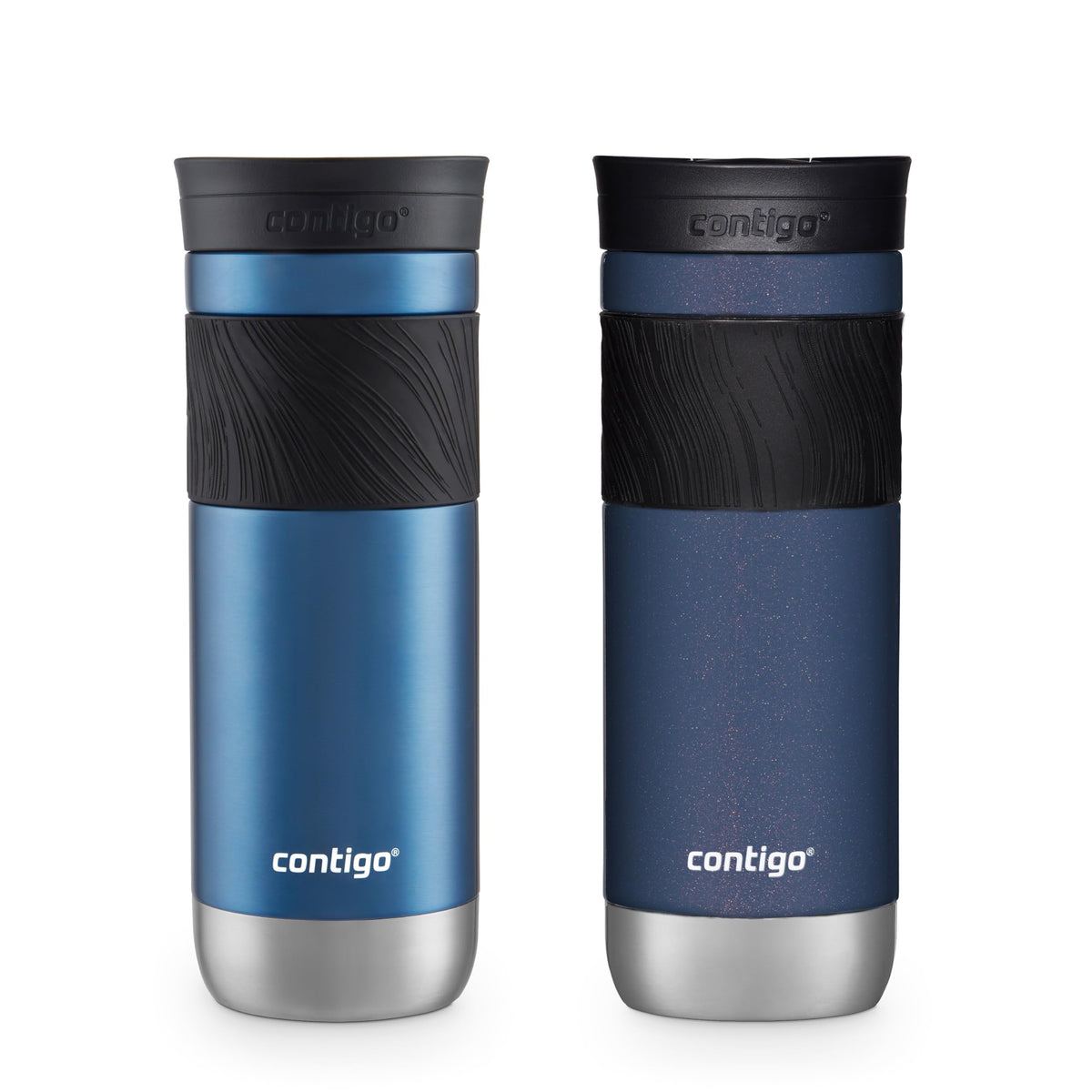 Contigo SNAPSEAL - Taza de viaje de acero inoxidable aislada con agarre, 591 ml, color azul maíz transparente satinado y baya de medianoche