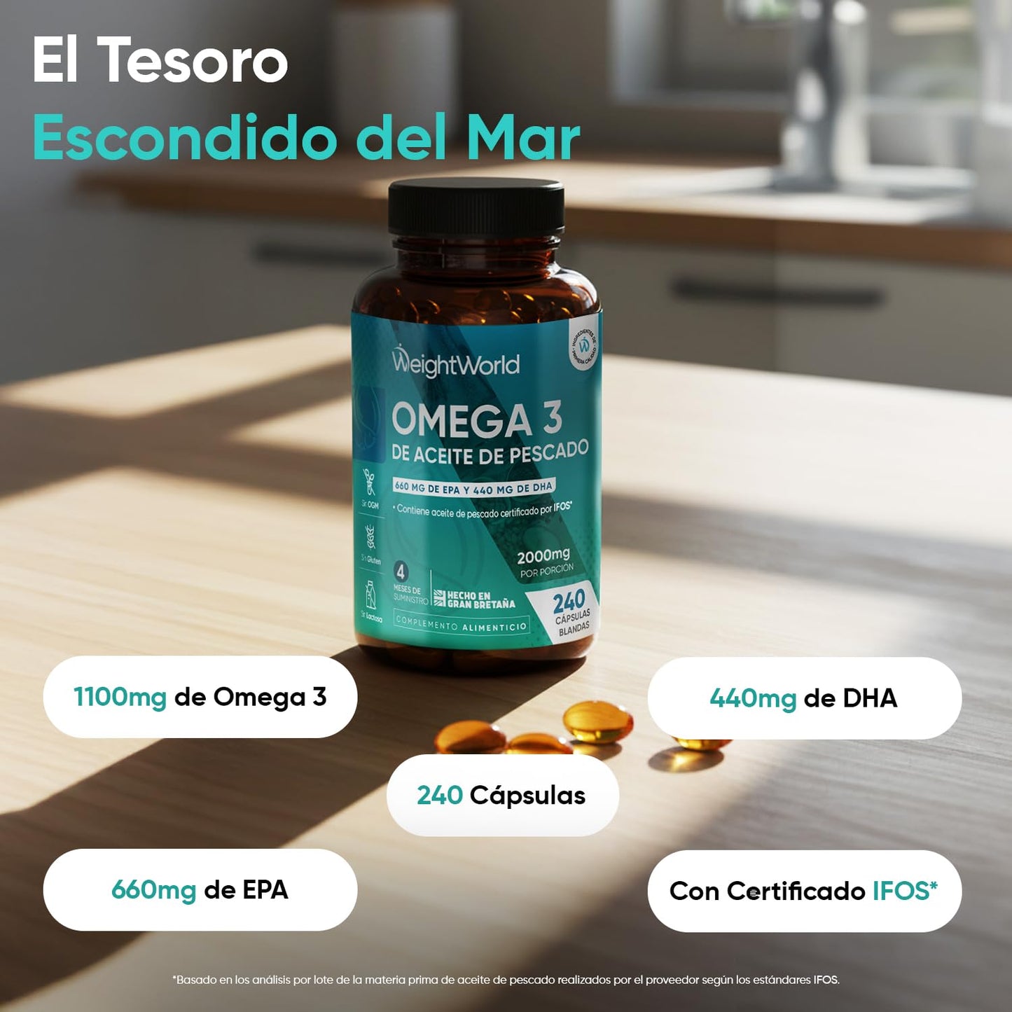 Omega 3 2000mg - 240 Perlas Aceite Pescado IFOS* (660mg EPA + 440mg DHA)