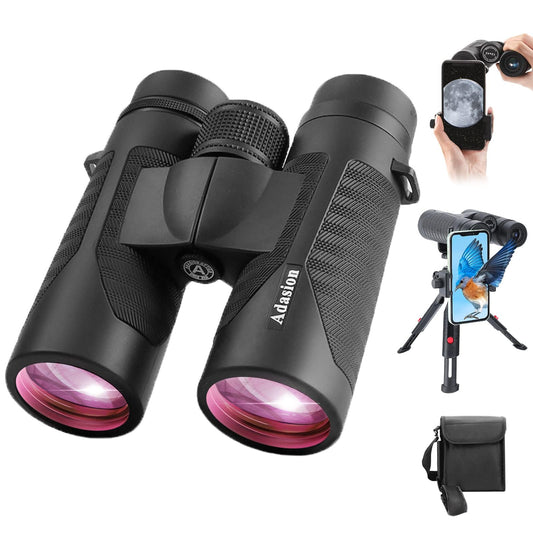 Adasion Binoculares 12 x 42 para adultos con adaptador de teléfono móvil, lente de visión de 18 mm y superbrillantes a prueba de agua para observación de aves, caza, deportes, con trípode y teléfono inteligente