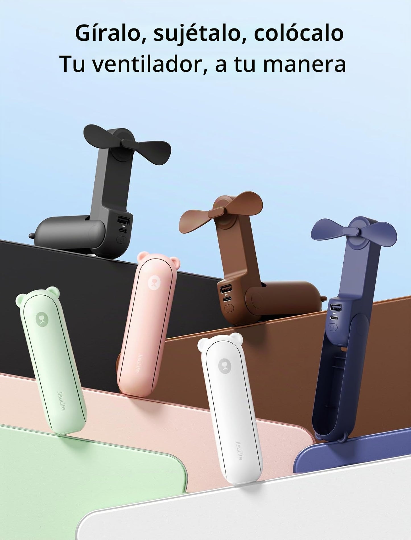 Jesir 14-22 horas de trabajo recargable ventilador de mano con tamaño de bolsillo, 2000 mAh Power Bank, funciona con batería o ventilador personal plegabl