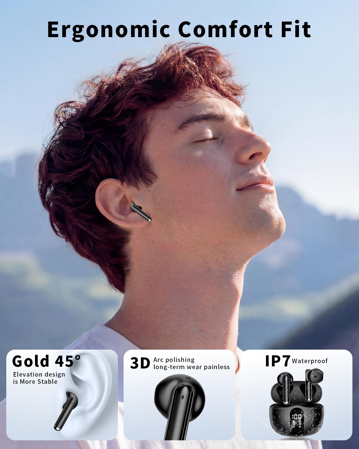 Auriculares inalámbricos, Bluetooth 5.4 2026, auriculares estéreo de graves con micrófono con cancelación de ruido, pantalla LED, auriculares intraurales de 50 horas de reproducción, IP7 impermeables