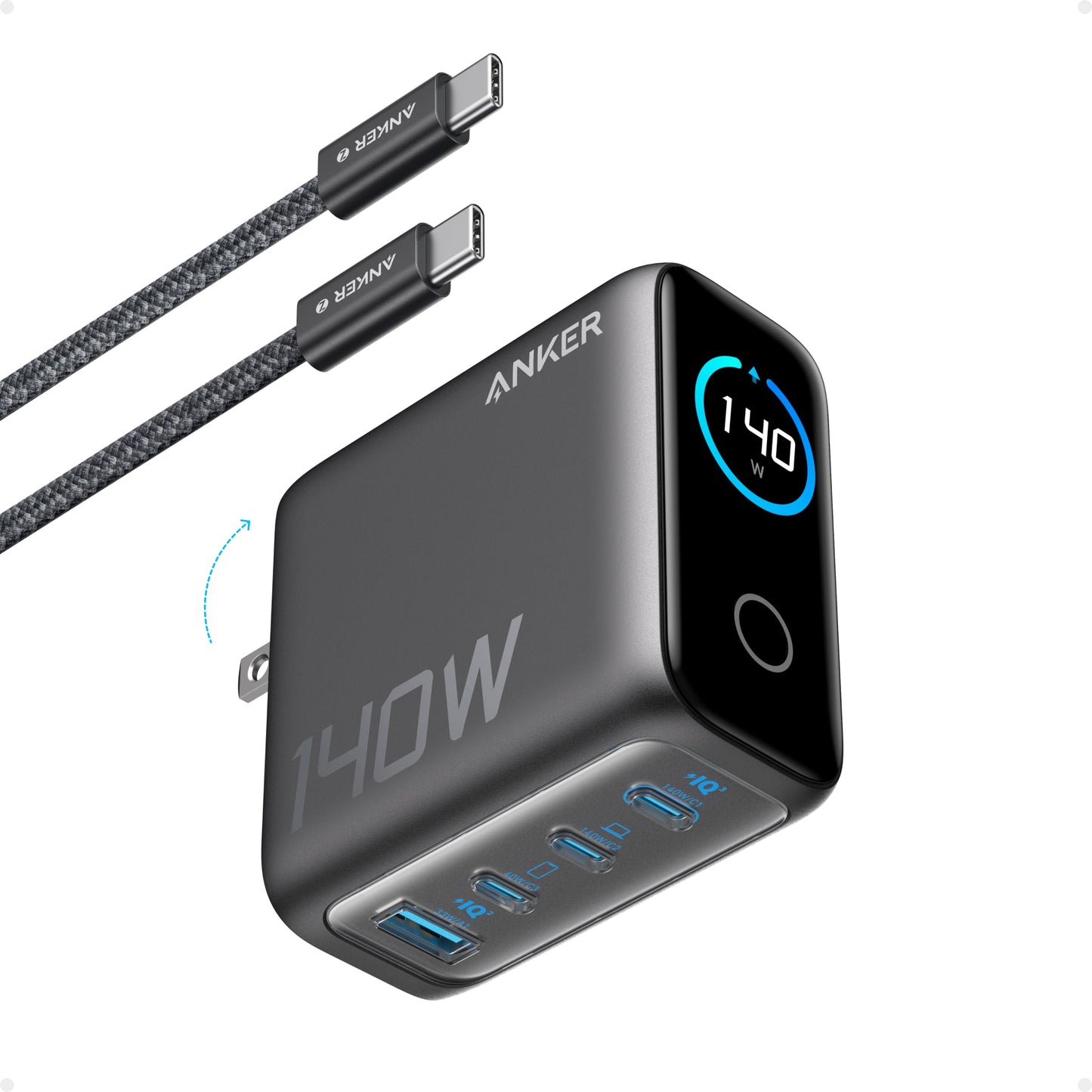 Cargador USB-C de 140 W, cargador Anker para laptop, carga rápida multidispositivo de 4 puertos, adaptador de corriente GaN avanzado, controles táctiles intuitivos, para MacBook, iPhone 16, Samsung