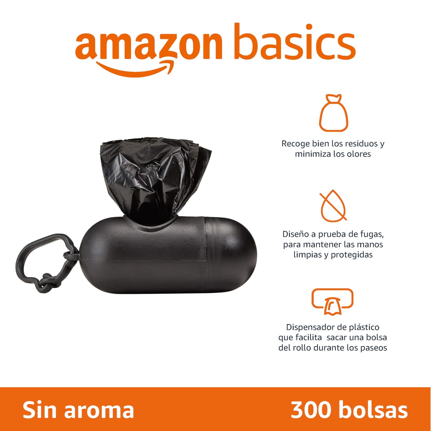 Amazon Basics Bolsas de basura para perros con dispensador y clip para correa, Sin fragancia, 300 bolsas (20 paquetes de 15 bolsa)