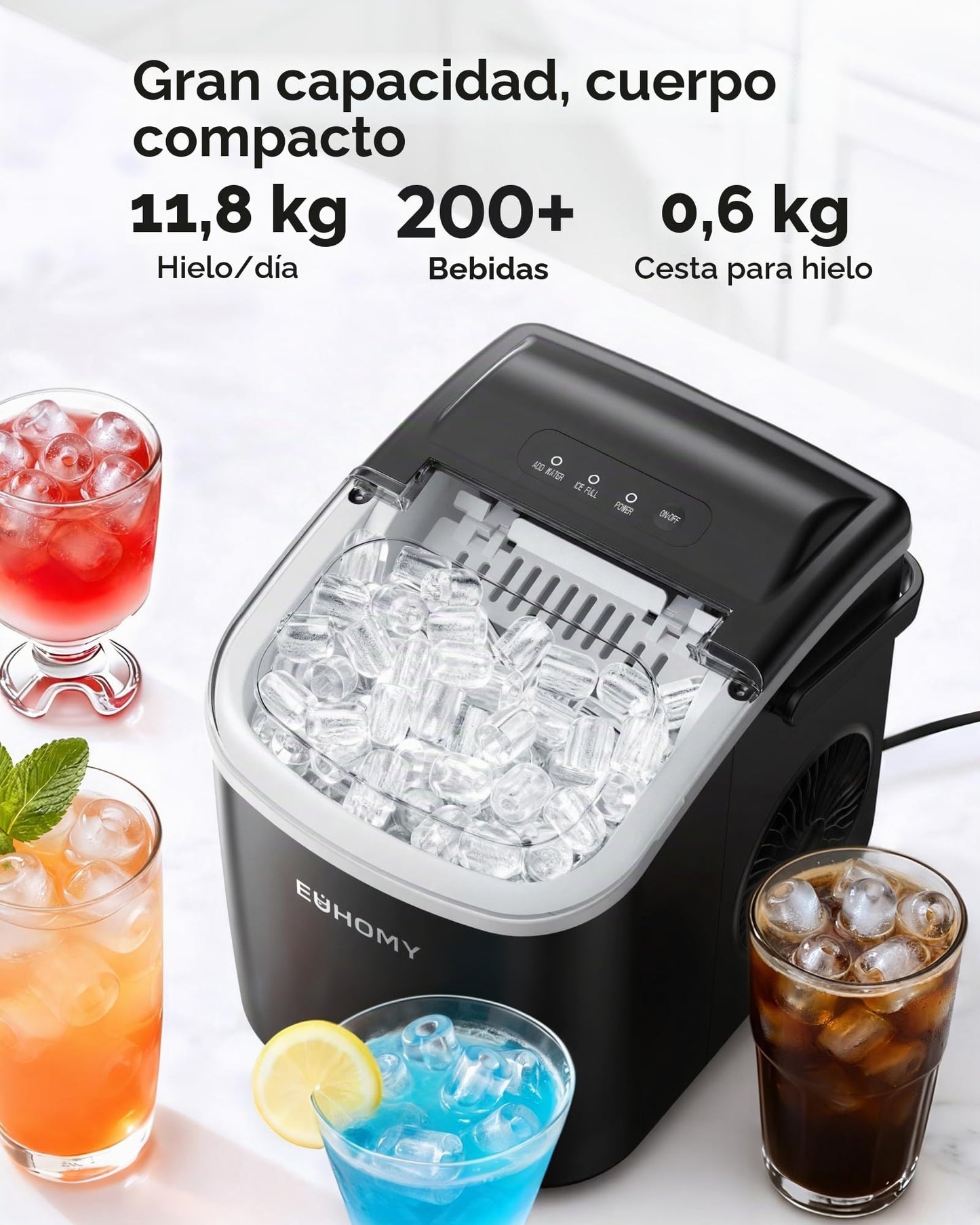 EUHOMY Máquina de Hielo: 9 Cubos en 6 Minutos, Maquina de Hacer Hielo Autolimpiable, 12Kg/24H, 2 Tamaños de Hielo, con aAsa, Pala para Hielo y Cesta Ideal Para Inicio/Cocina/Oficina/Bar, Negra mate