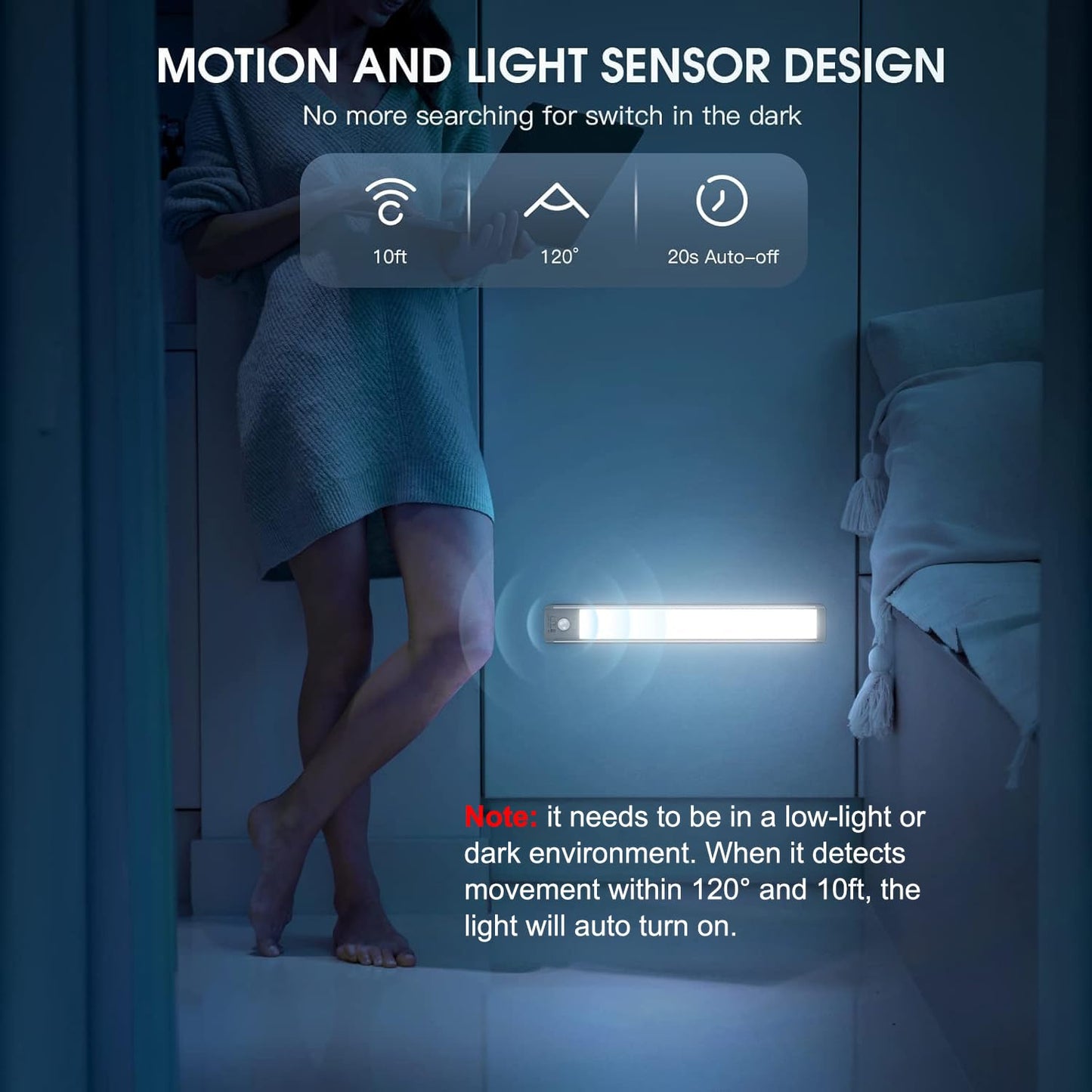 Luces para debajo del gabinete, 40 luces LED recargables con sensor de movimiento para interiores, paquete de 2 luces magnéticas regulables para armario, luces inalámbricas para debajo del mostrador