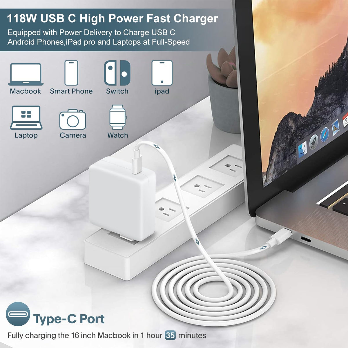 ixcvSunveza Cargador Mac Book Pro Cargador USB C de 100 W Compatible con MacBook Pro 16, 15, 14, 13 Pulgadas, iPad Pro 2021/2020/2019/2018, Incluido Cable USB C a C de 8 pies