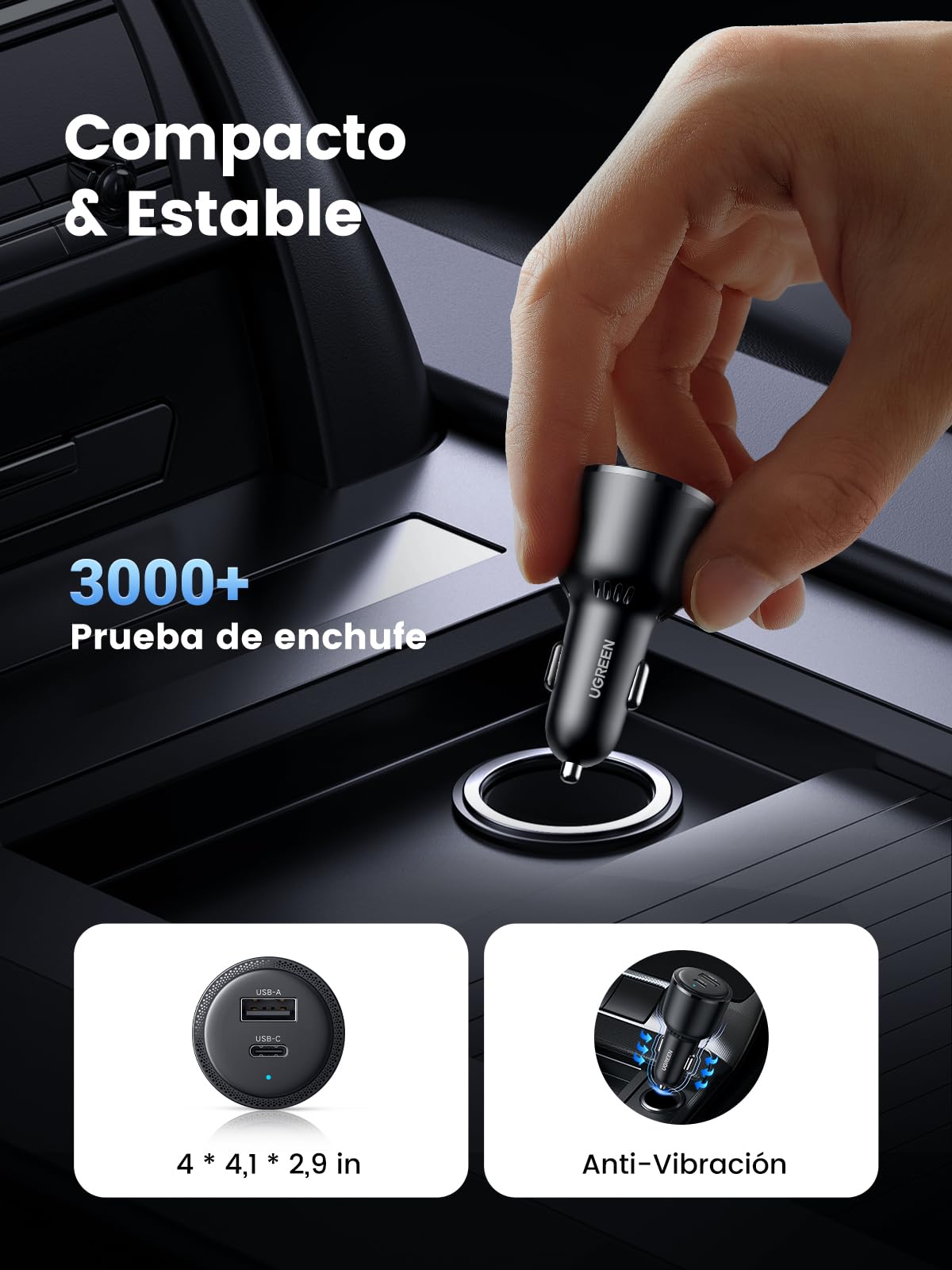 UGREEN 63W Cargador Coche USB C PD QC 3.0 PPS 45W Car Charger Tipo C